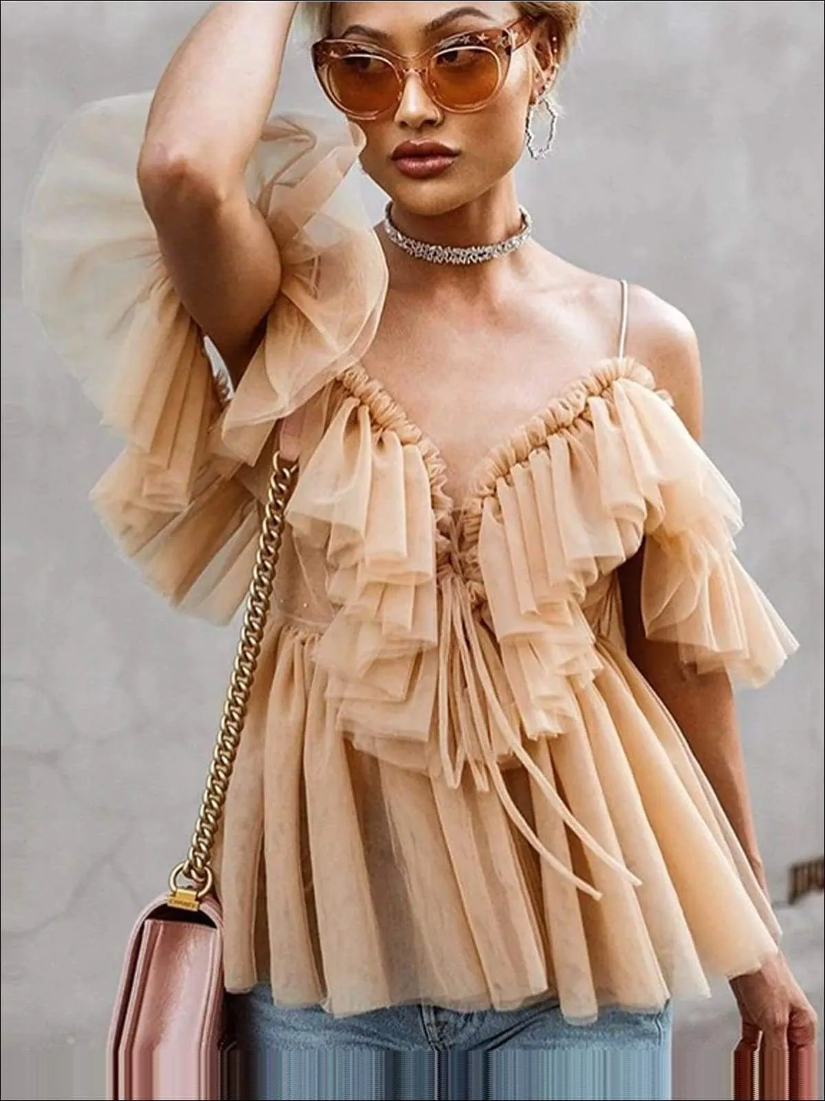 Women's Ruffled Cold Shoulder Peplum Mesh Blouse