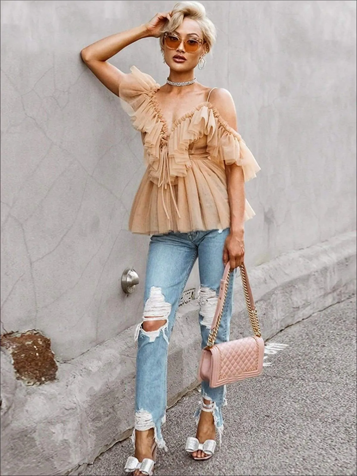 Women's Ruffled Cold Shoulder Peplum Mesh Blouse