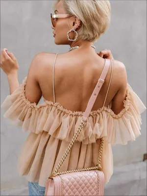 Women's Ruffled Cold Shoulder Peplum Mesh Blouse