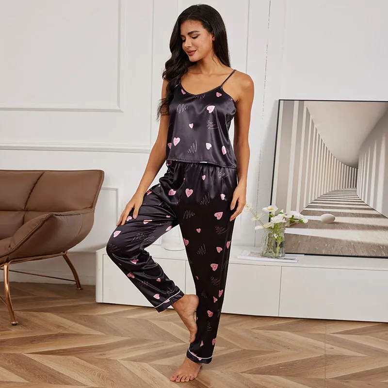 Women's Sexy Pajamas Lingerie Nightwear Set Satin Cami Sleeveless Top with Trousers Pajamas