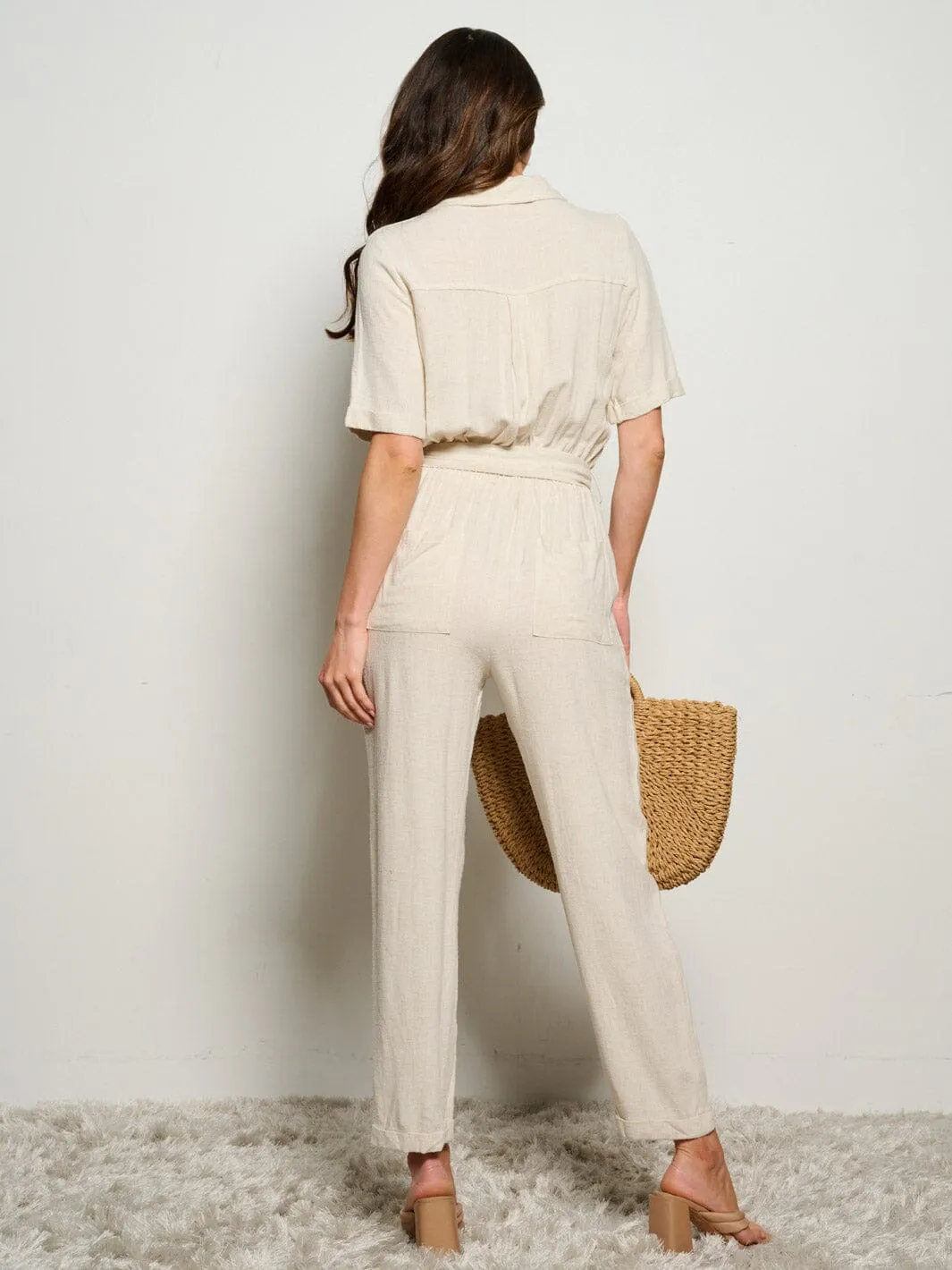 WOMEN'S SHORT SLEEVE BUTTON UP ELASTIC WAIST POCKETS JUMPSUIT