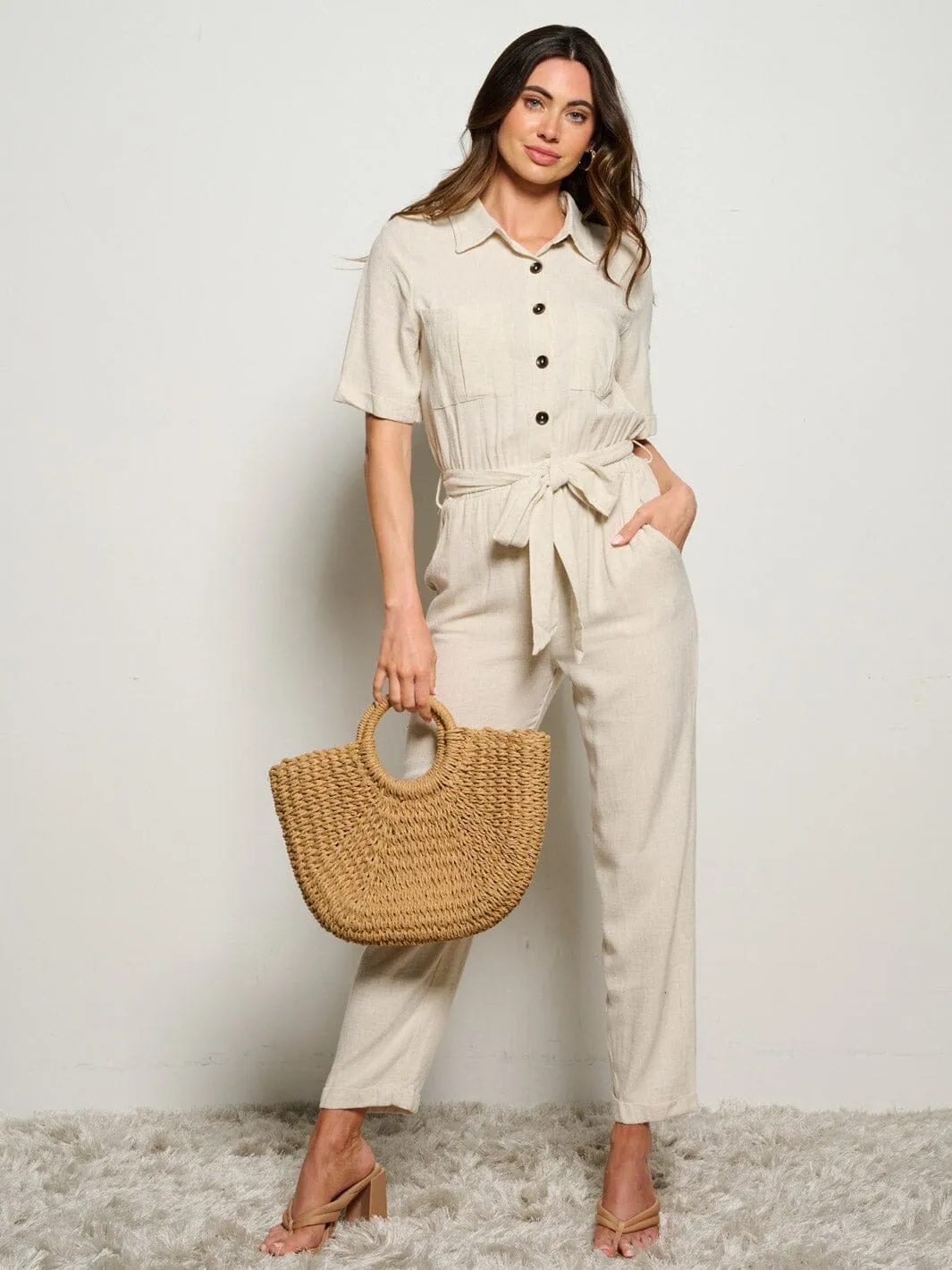 WOMEN'S SHORT SLEEVE BUTTON UP ELASTIC WAIST POCKETS JUMPSUIT