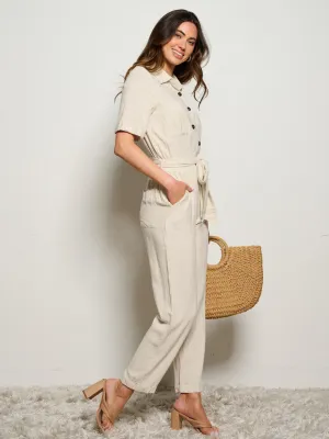 WOMEN'S SHORT SLEEVE BUTTON UP ELASTIC WAIST POCKETS JUMPSUIT