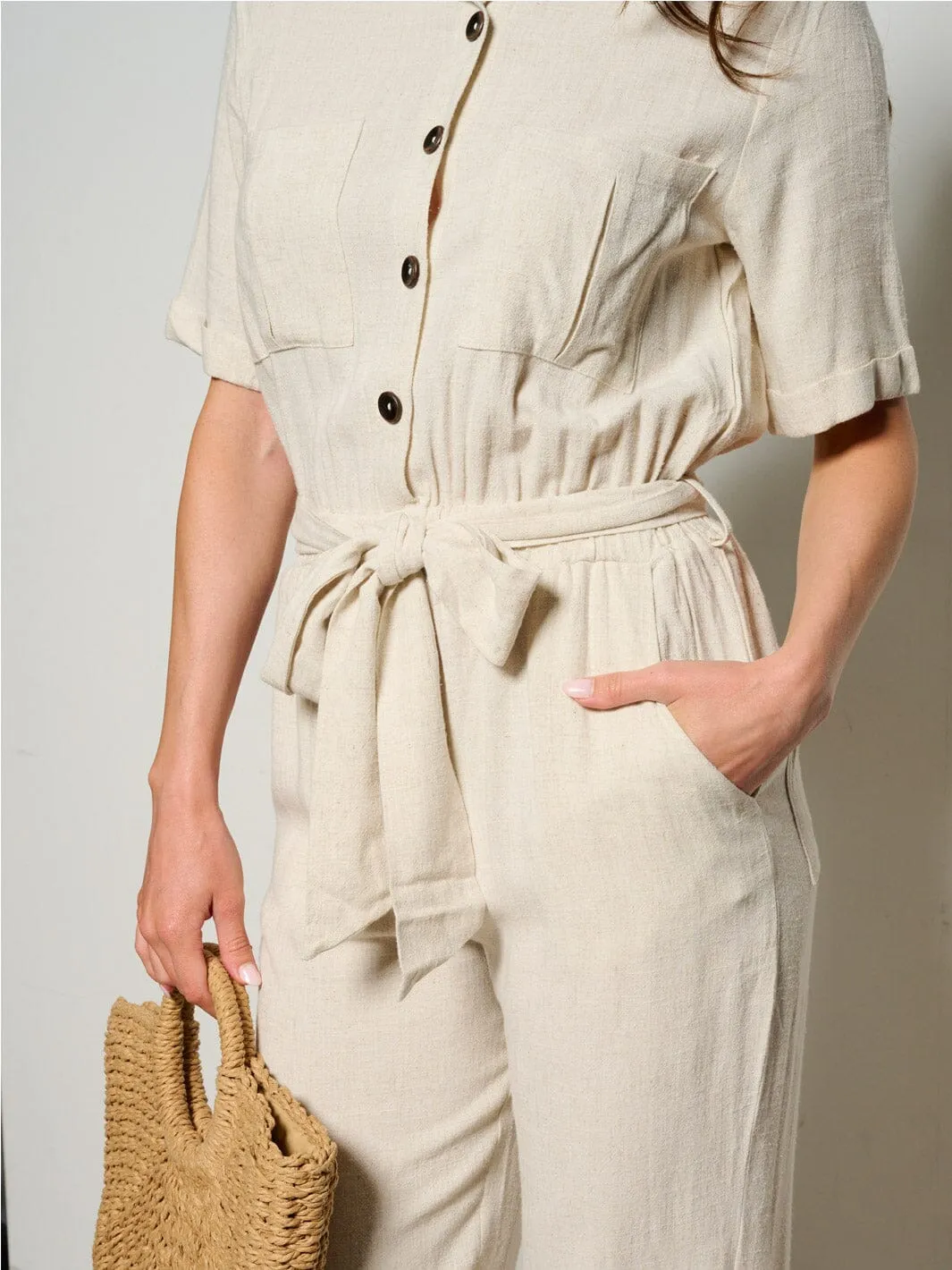WOMEN'S SHORT SLEEVE BUTTON UP ELASTIC WAIST POCKETS JUMPSUIT