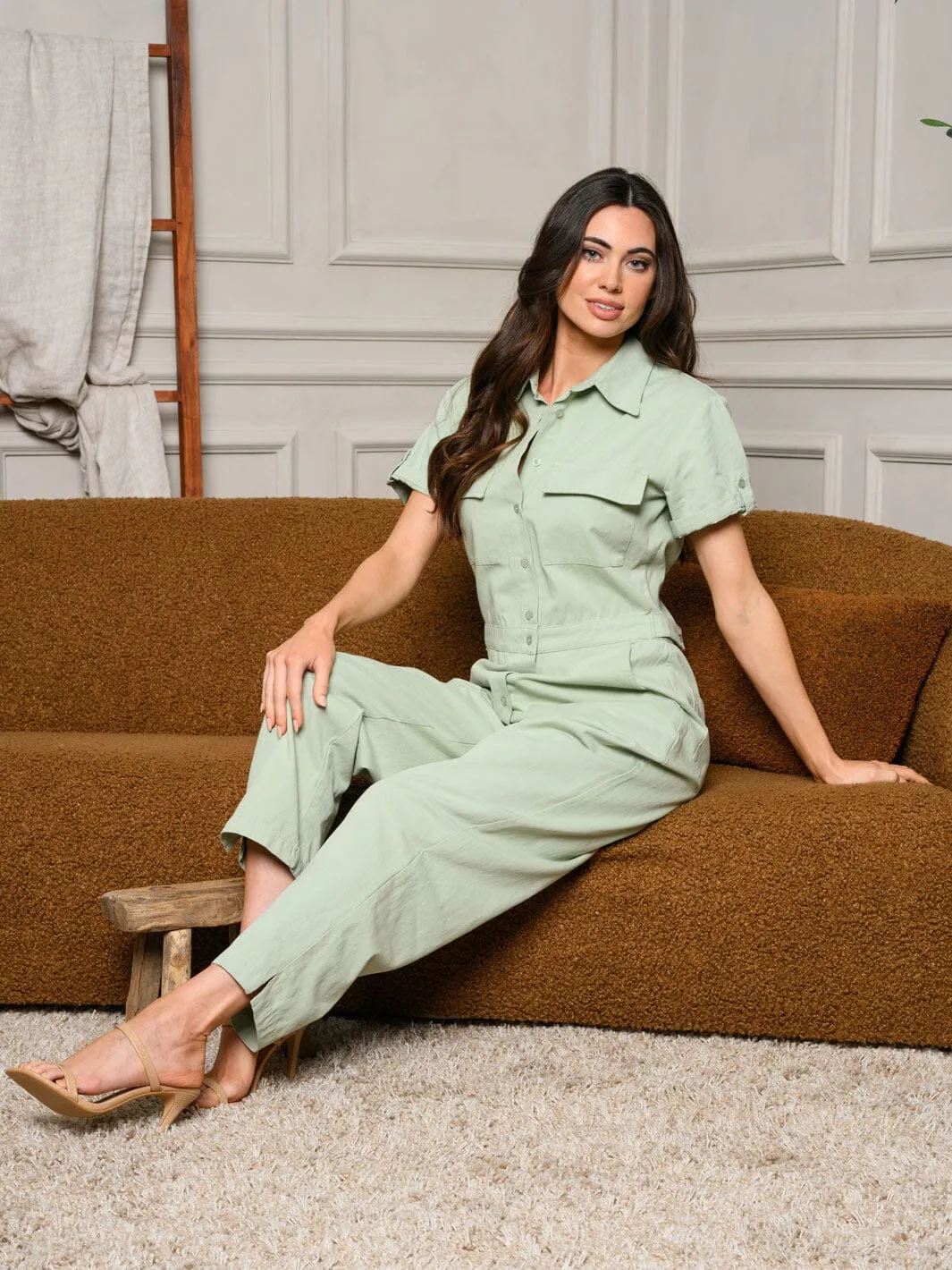 WOMEN'S SHORT SLEEVE BUTTON UP POCKETS DENIM JUMPSUIT