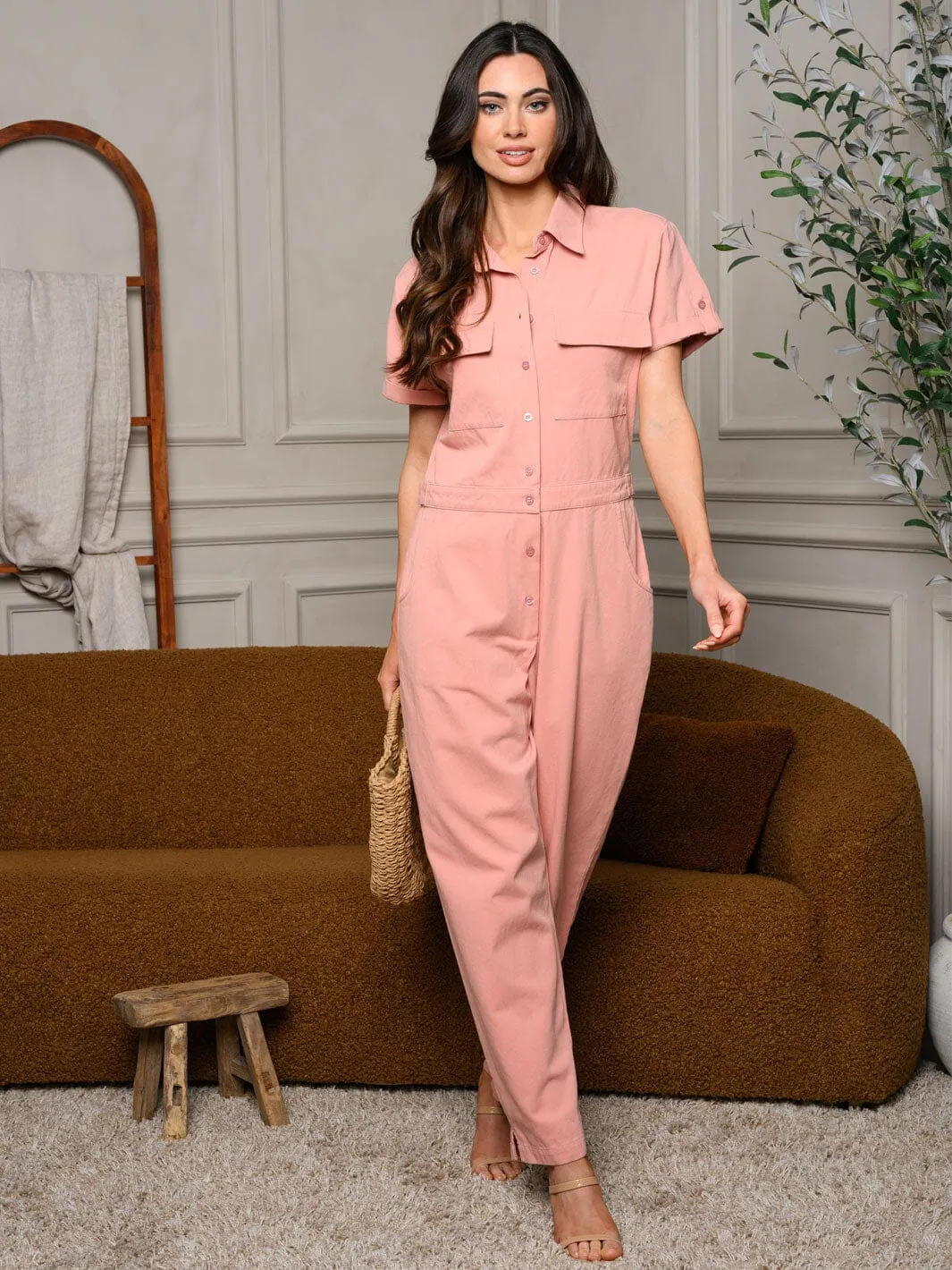 WOMEN'S SHORT SLEEVE BUTTON UP POCKETS DENIM JUMPSUIT