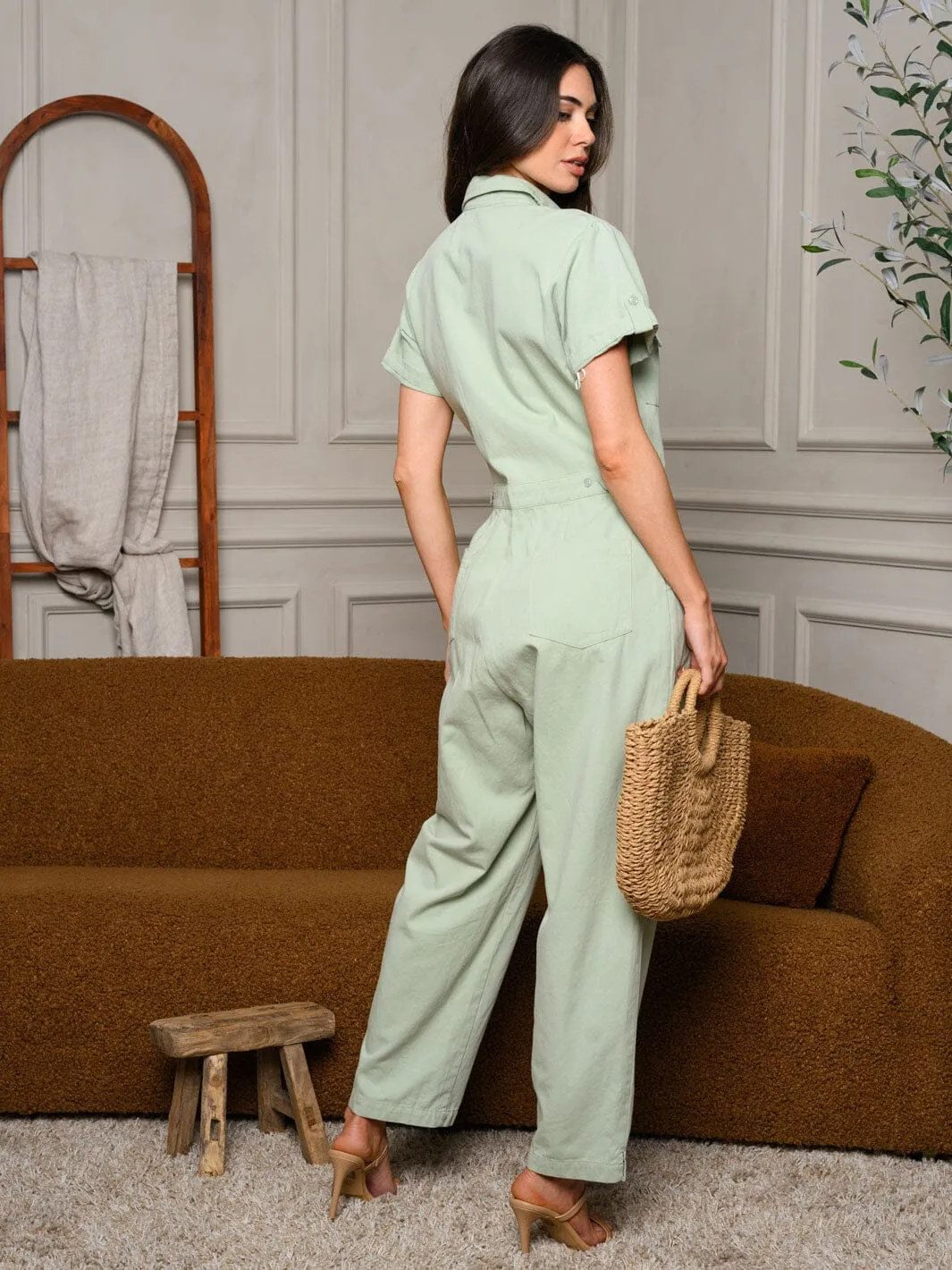 WOMEN'S SHORT SLEEVE BUTTON UP POCKETS DENIM JUMPSUIT