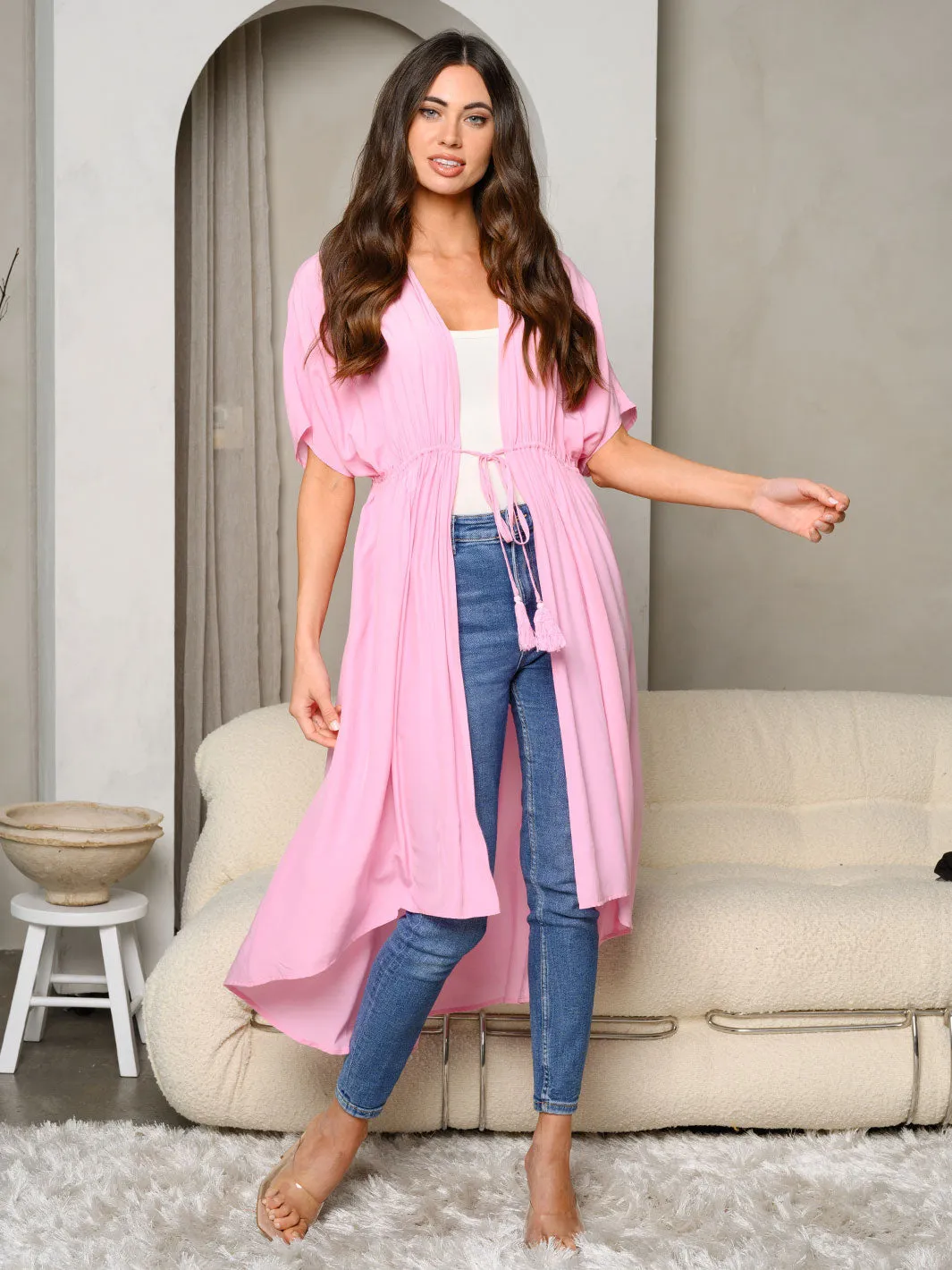 WOMEN'S SHORT SLEEVE ELASTIC WAIST HI-LO KIMONO