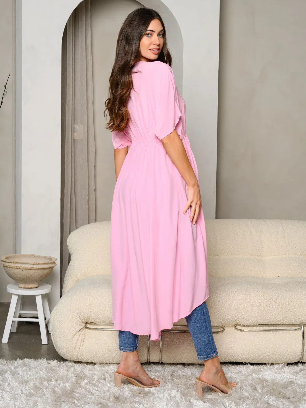 WOMEN'S SHORT SLEEVE ELASTIC WAIST HI-LO KIMONO