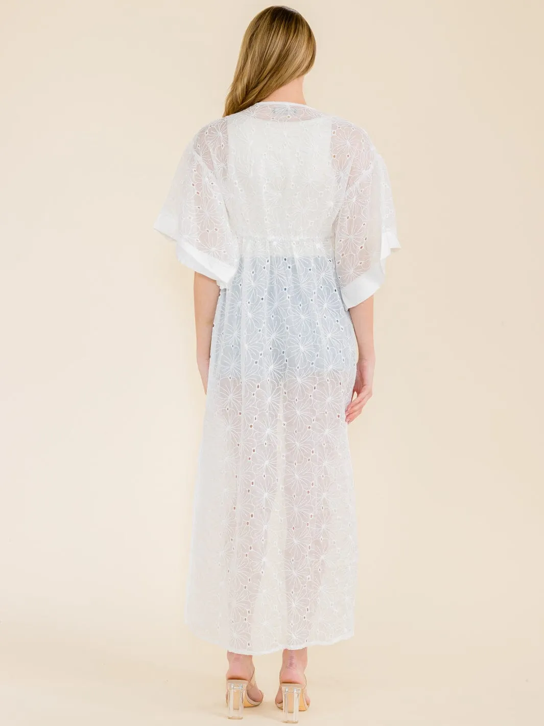 WOMEN'S SHORT SLEEVE FLORAL EYELET SELF TIE KIMONO
