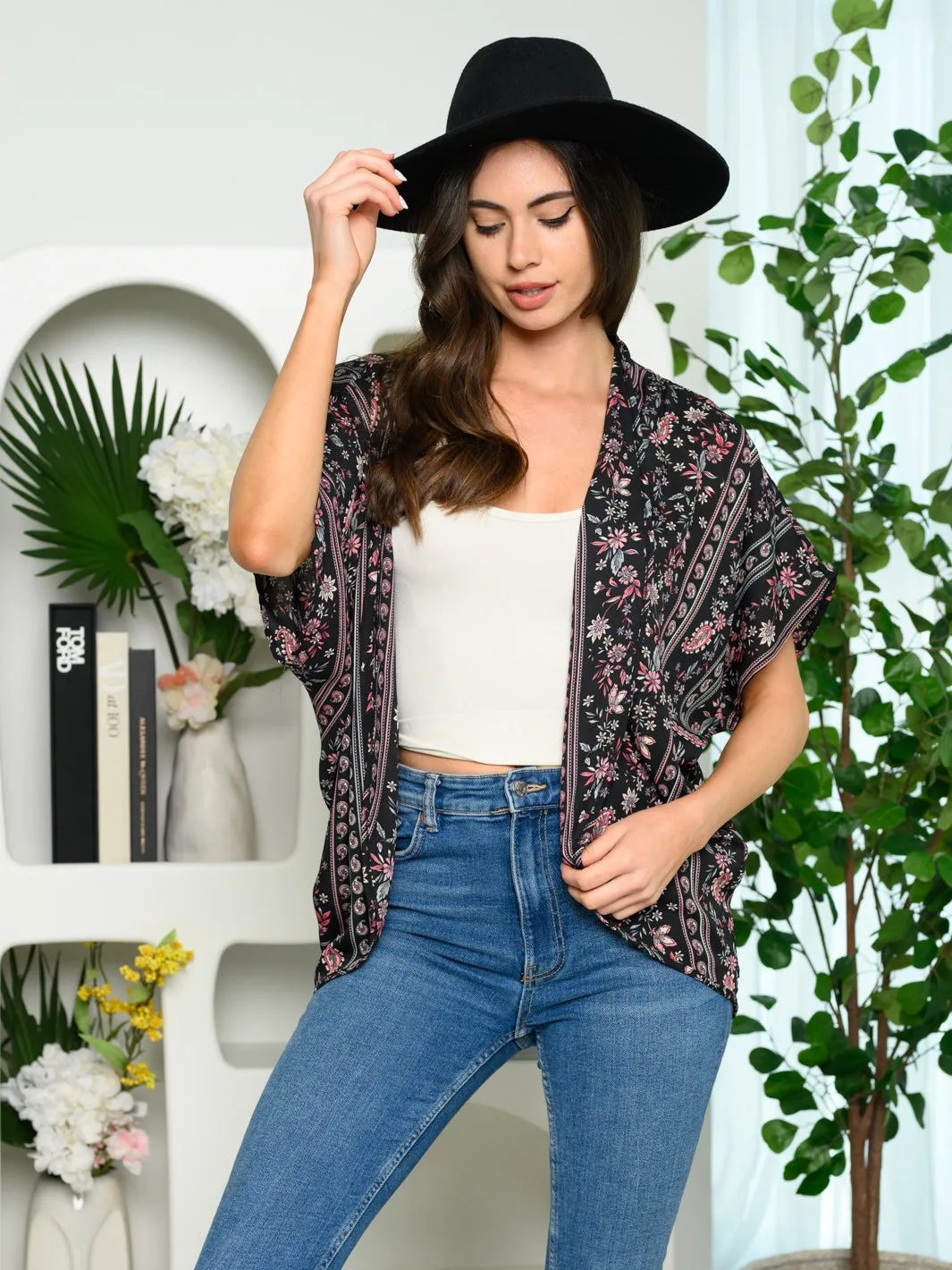 WOMEN'S SHORT SLEEVE FLORAL PRINT CARDIGAN