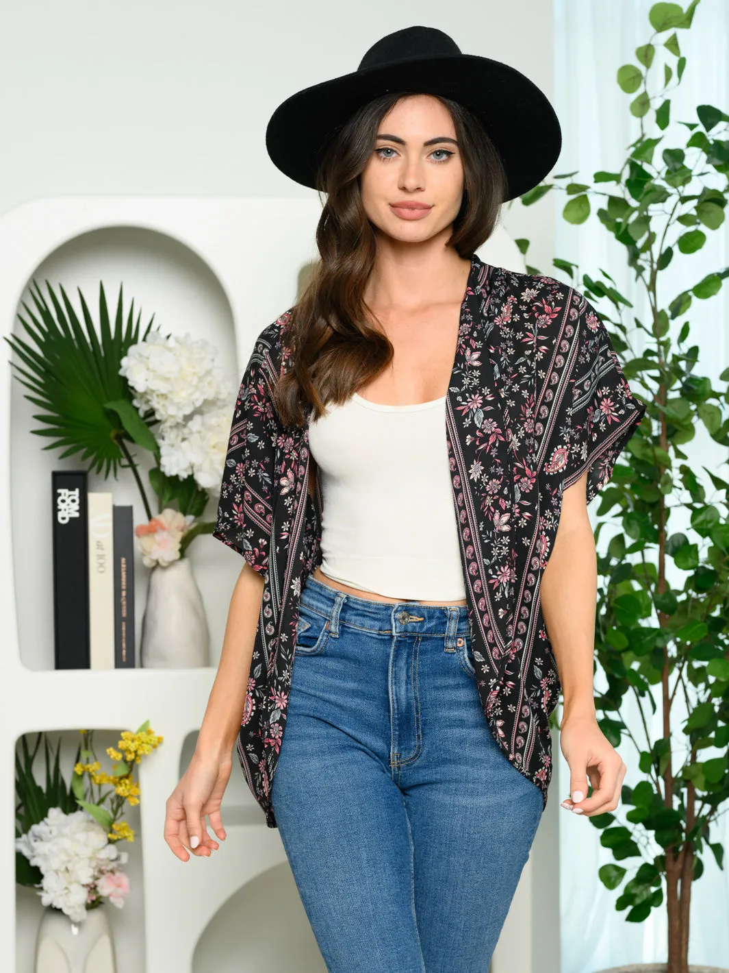 WOMEN'S SHORT SLEEVE FLORAL PRINT CARDIGAN