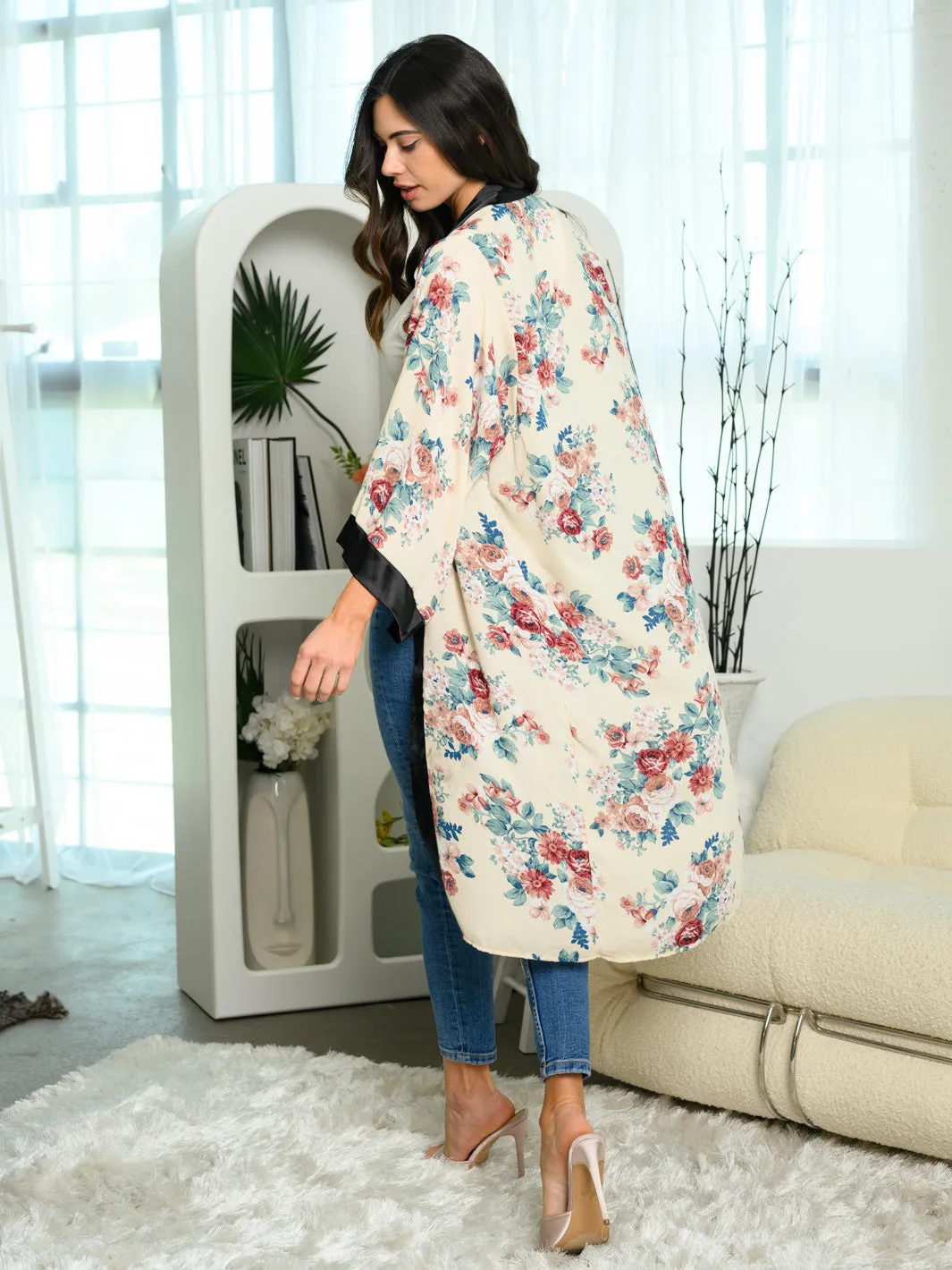 WOMEN'S SHORT SLEEVE FLORAL PRINT DUSTER KIMONO