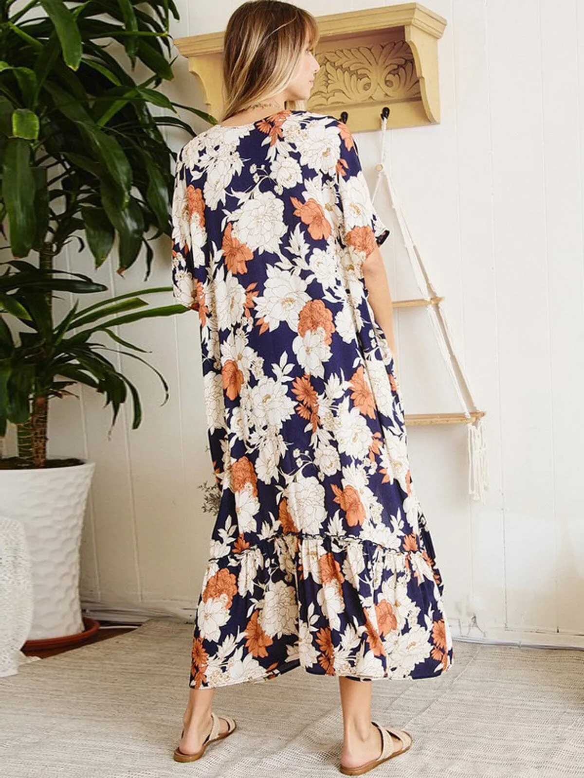 WOMEN'S SHORT SLEEVE FLORAL RUFFLE BOTTOM HEM CARDIGAN
