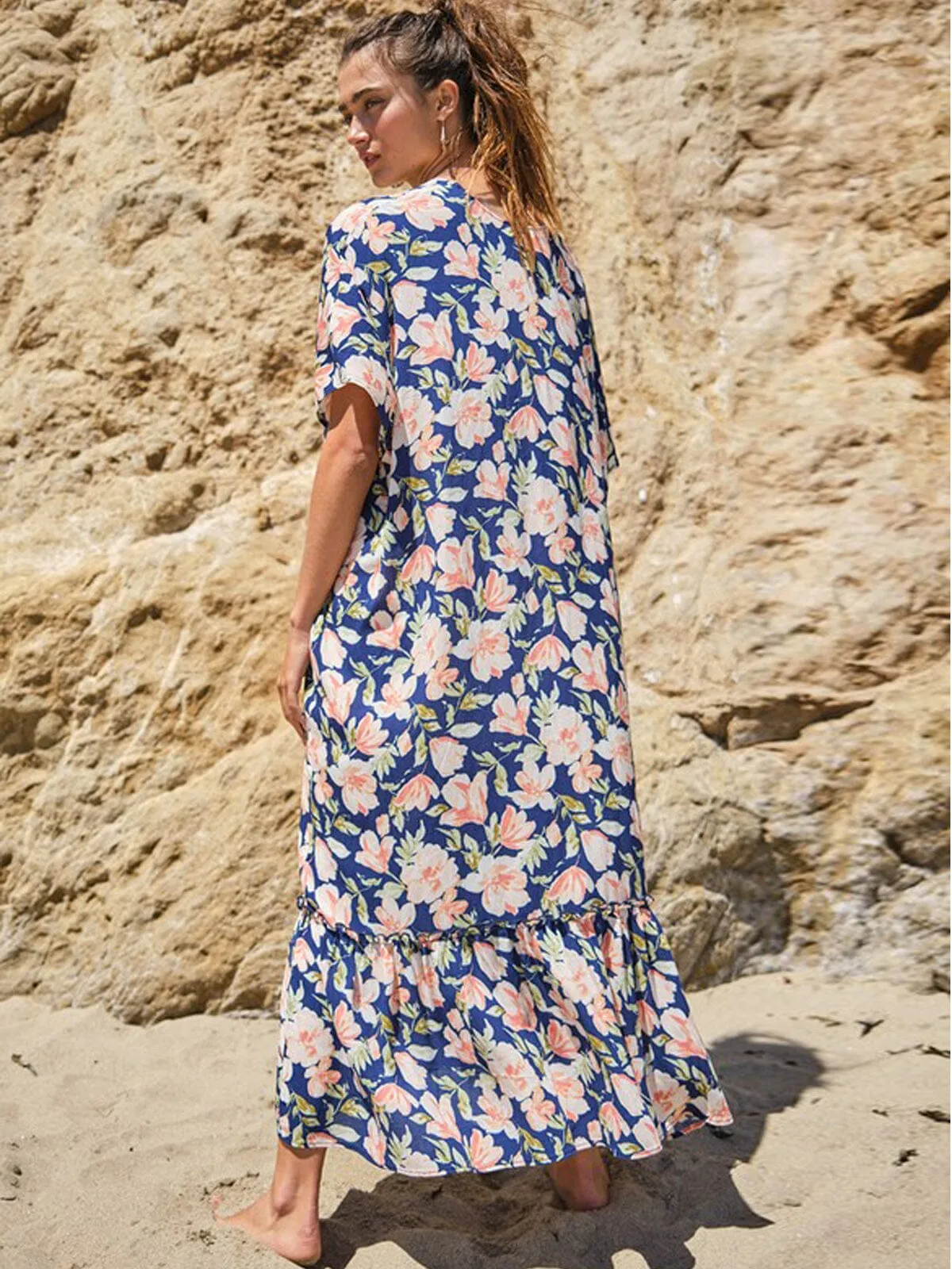 WOMEN'S SHORT SLEEVE FLORAL RUFFLE BOTTOM HEM CARDIGAN