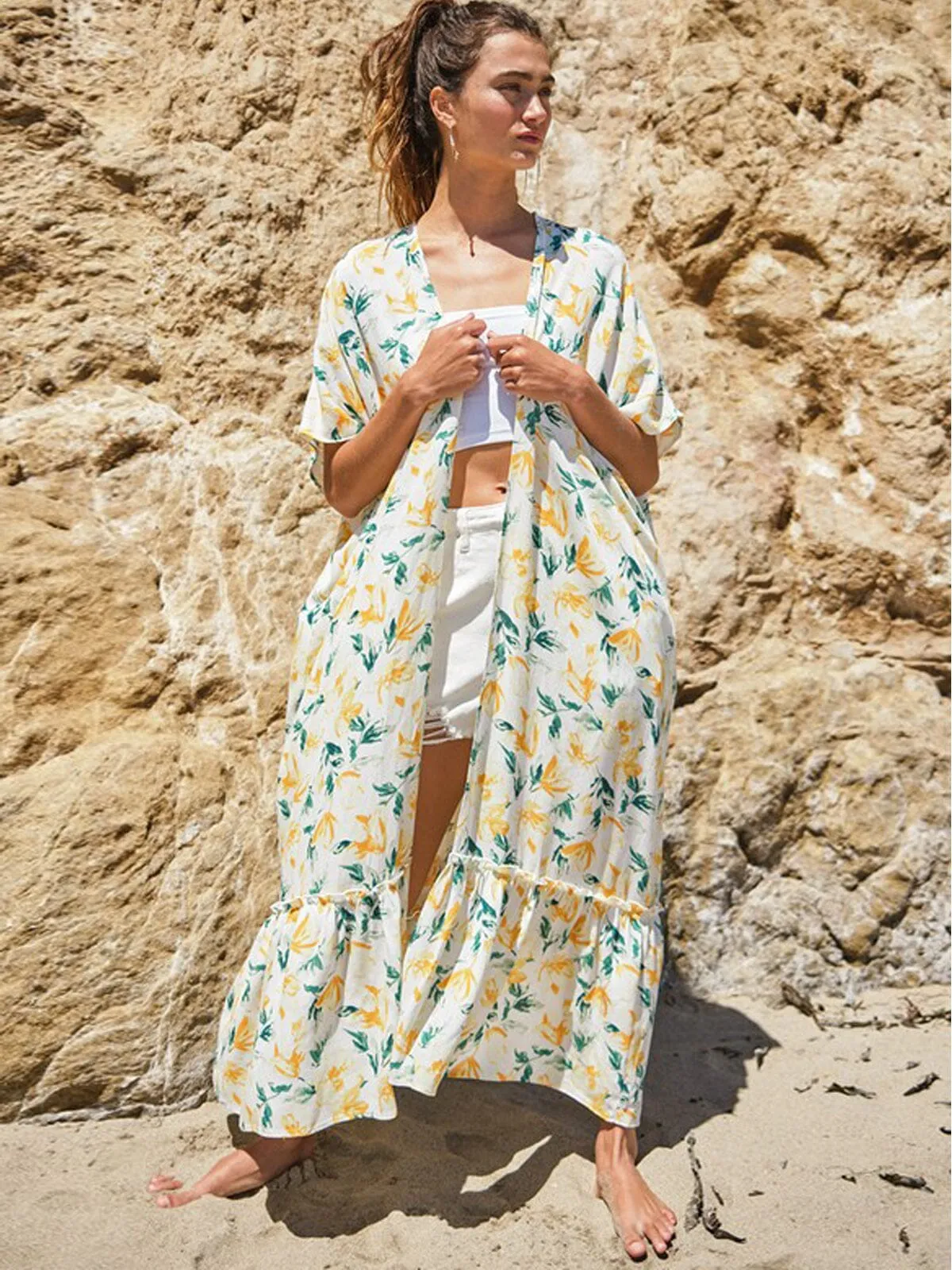 WOMEN'S SHORT SLEEVE FLORAL RUFFLE BOTTOM HEM CARDIGAN