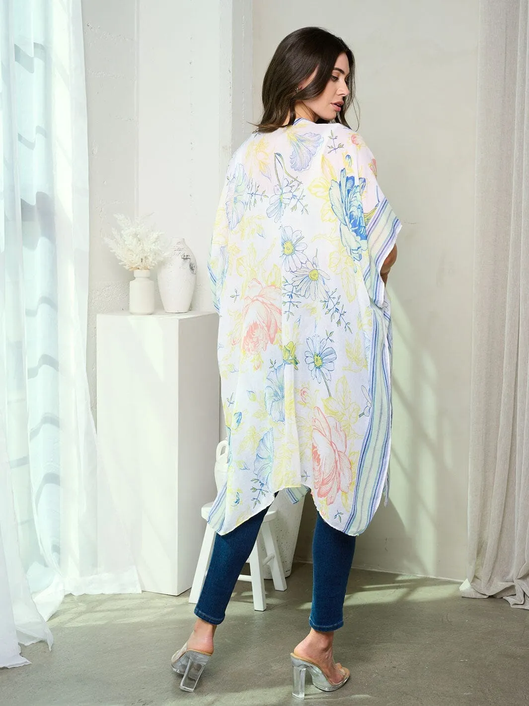 WOMEN'S SHORT SLEEVE OPEN FRONT FLOWERS PRINT KIMONO