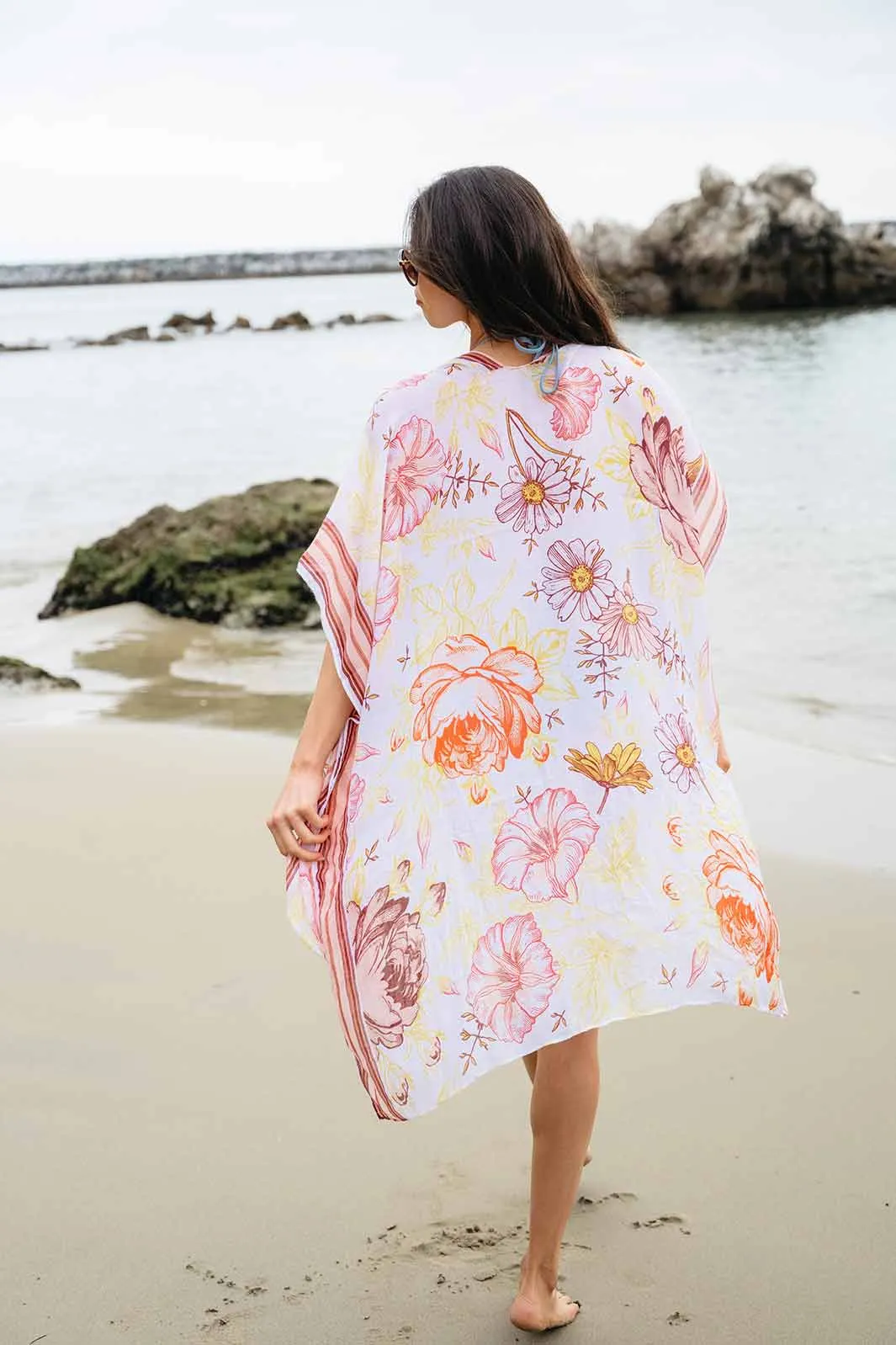WOMEN'S SHORT SLEEVE OPEN FRONT FLOWERS PRINT KIMONO
