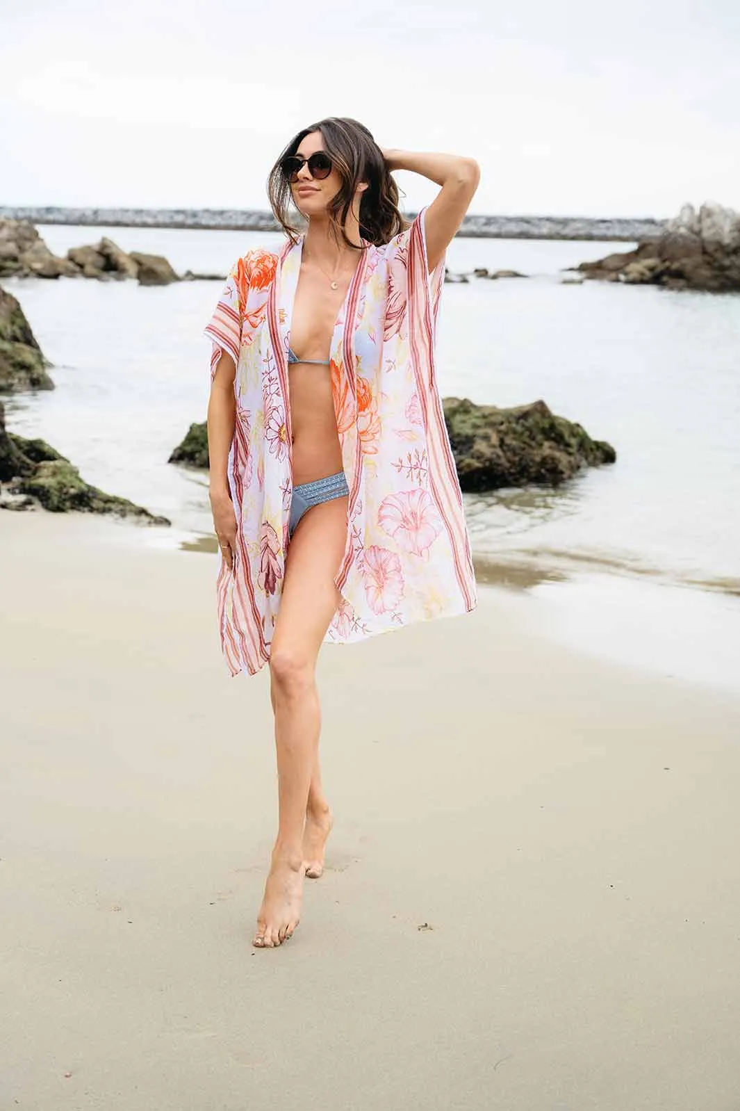 WOMEN'S SHORT SLEEVE OPEN FRONT FLOWERS PRINT KIMONO