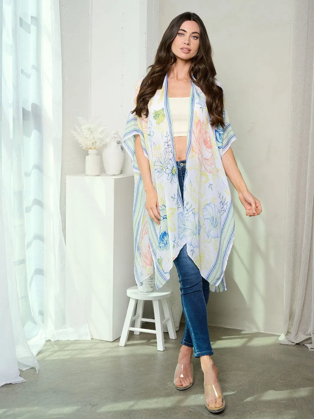 WOMEN'S SHORT SLEEVE OPEN FRONT FLOWERS PRINT KIMONO