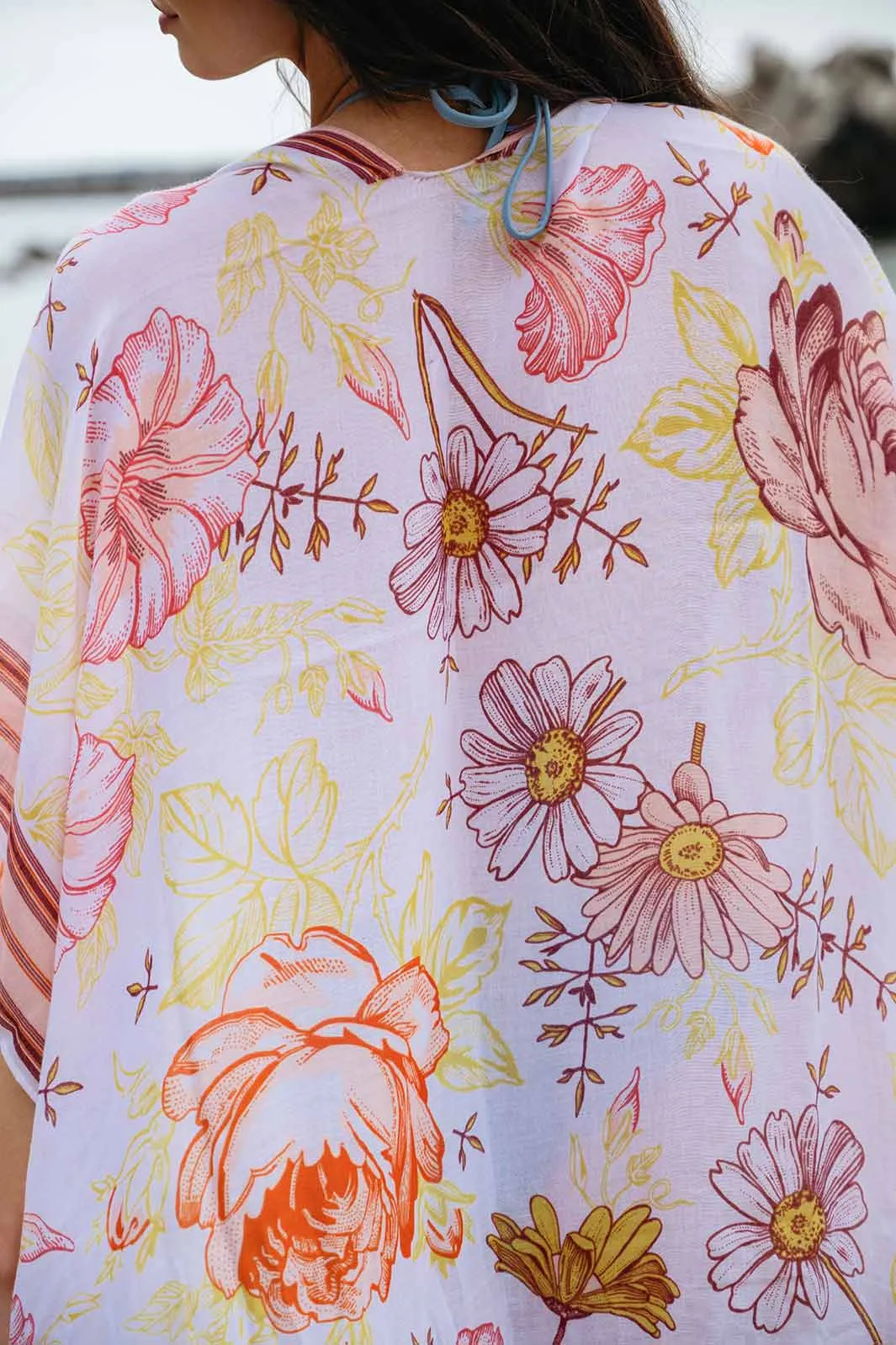 WOMEN'S SHORT SLEEVE OPEN FRONT FLOWERS PRINT KIMONO