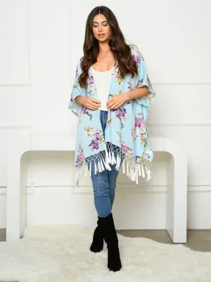 WOMEN'S SHORT SLEEVE OPEN FRONT FRINGE FLORAL KIMONO