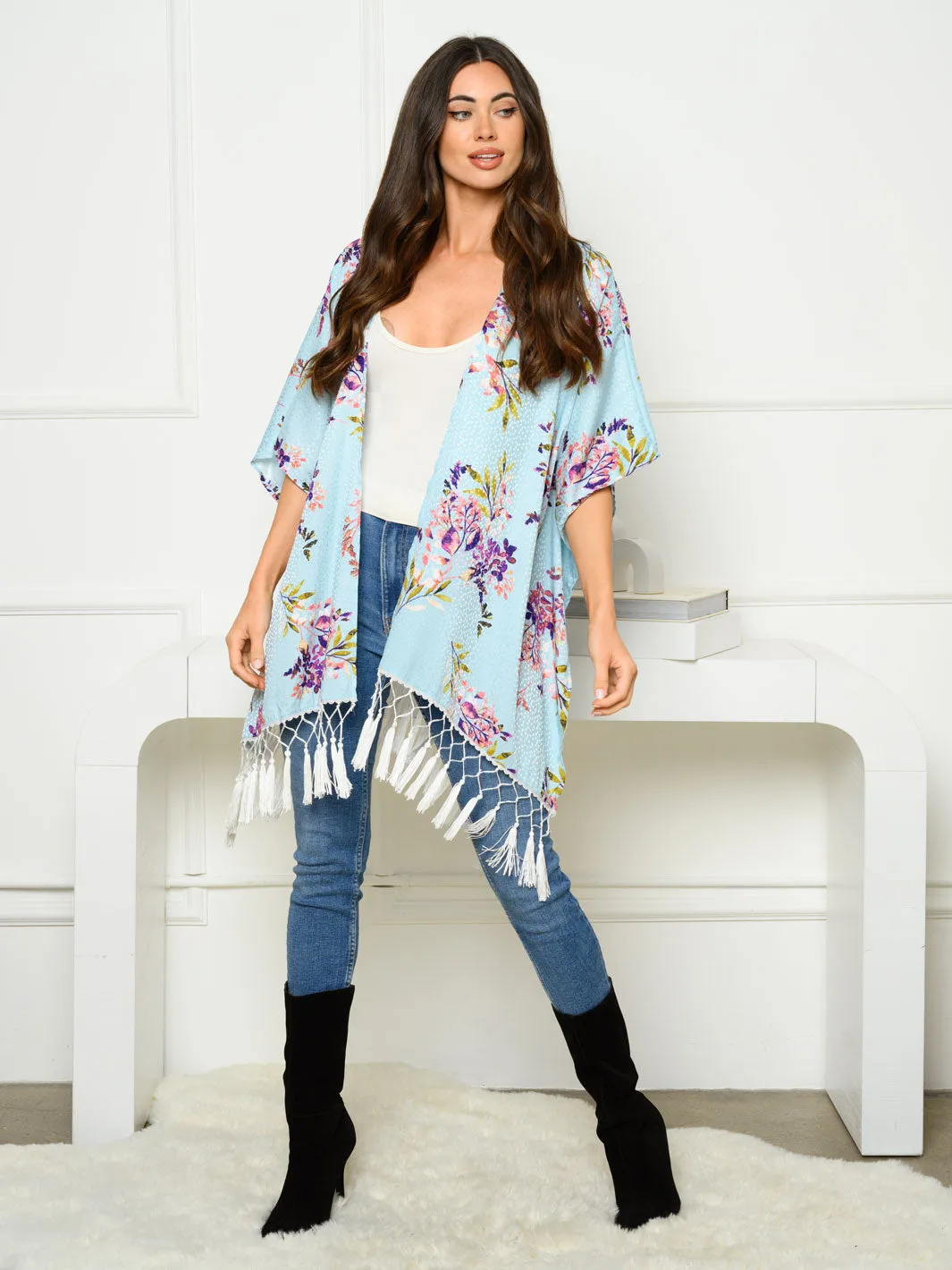 WOMEN'S SHORT SLEEVE OPEN FRONT FRINGE FLORAL KIMONO