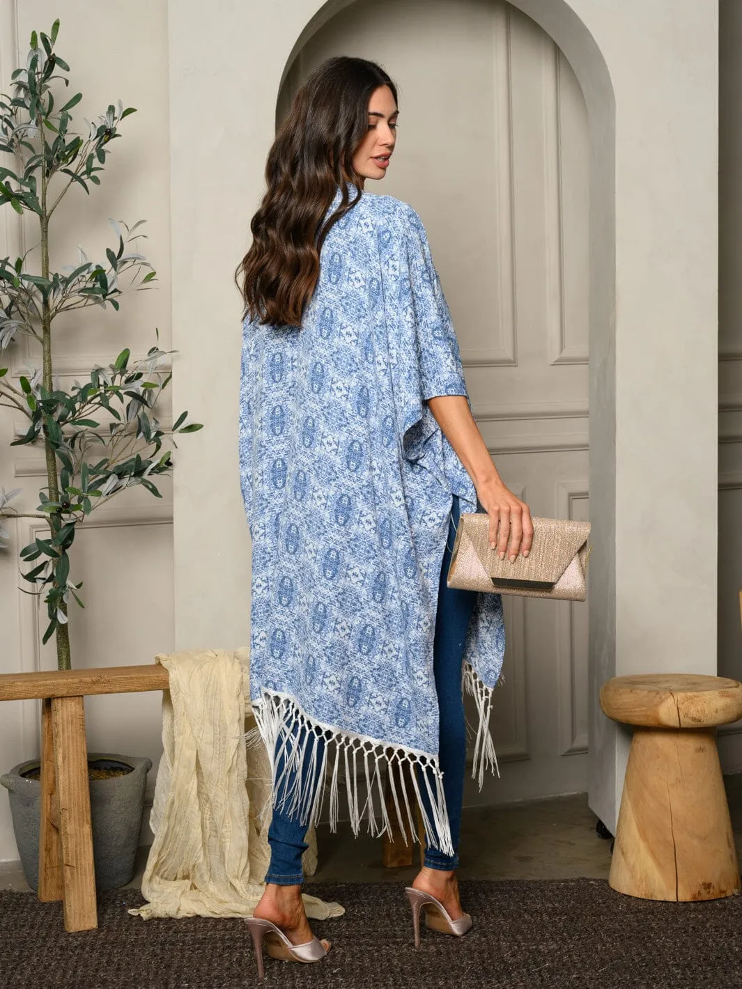 WOMEN'S SHORT SLEEVE OPEN FRONT MULTI PRINT FRINGE KIMONO