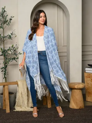 WOMEN'S SHORT SLEEVE OPEN FRONT MULTI PRINT FRINGE KIMONO