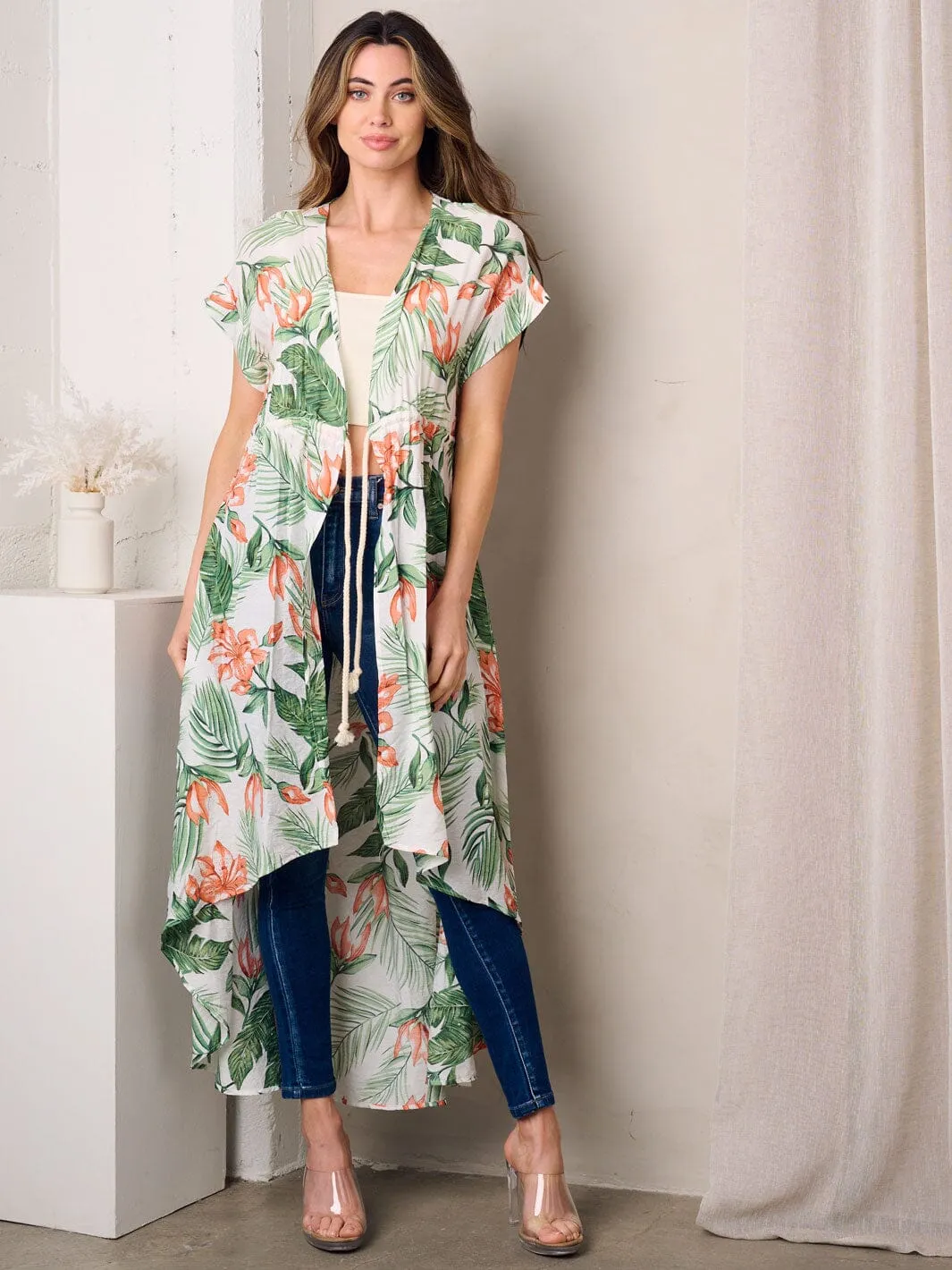 WOMEN'S SHORT SLEEVE OPEN FRONT SELF TIE FLORAL KIMONO