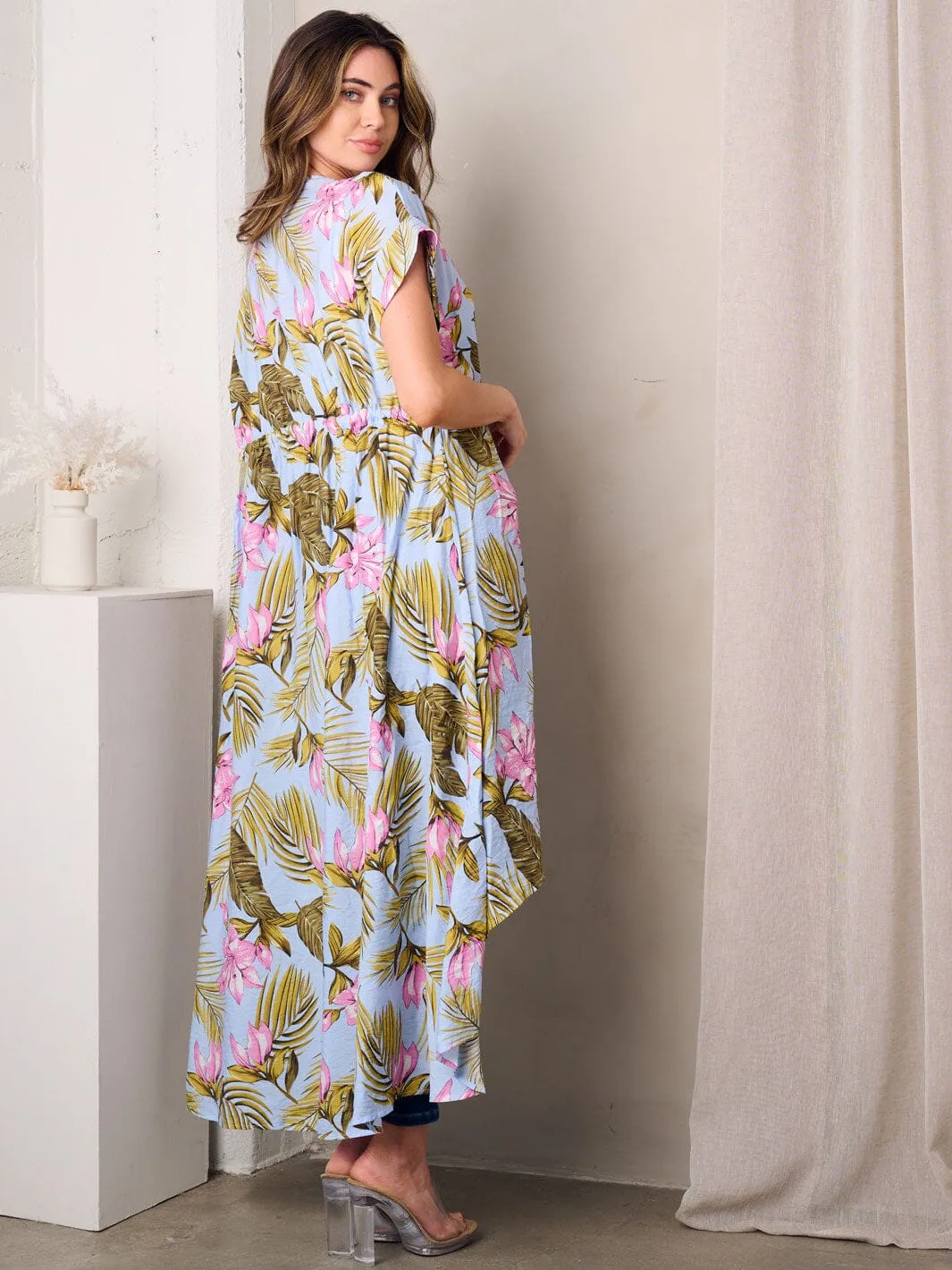 WOMEN'S SHORT SLEEVE OPEN FRONT SELF TIE FLORAL KIMONO