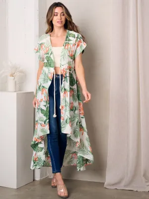 WOMEN'S SHORT SLEEVE OPEN FRONT SELF TIE FLORAL KIMONO