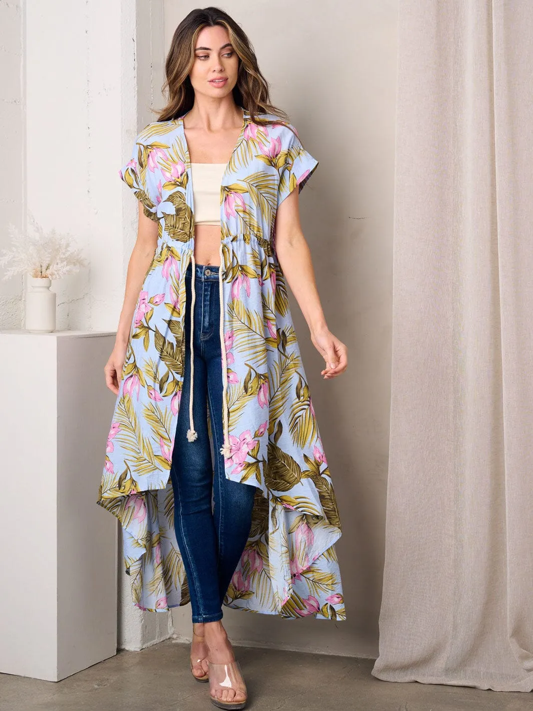 WOMEN'S SHORT SLEEVE OPEN FRONT SELF TIE FLORAL KIMONO