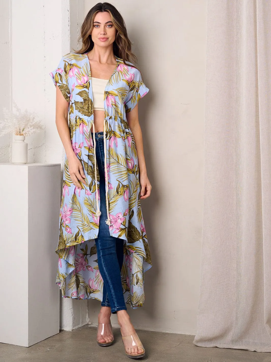 WOMEN'S SHORT SLEEVE OPEN FRONT SELF TIE FLORAL KIMONO