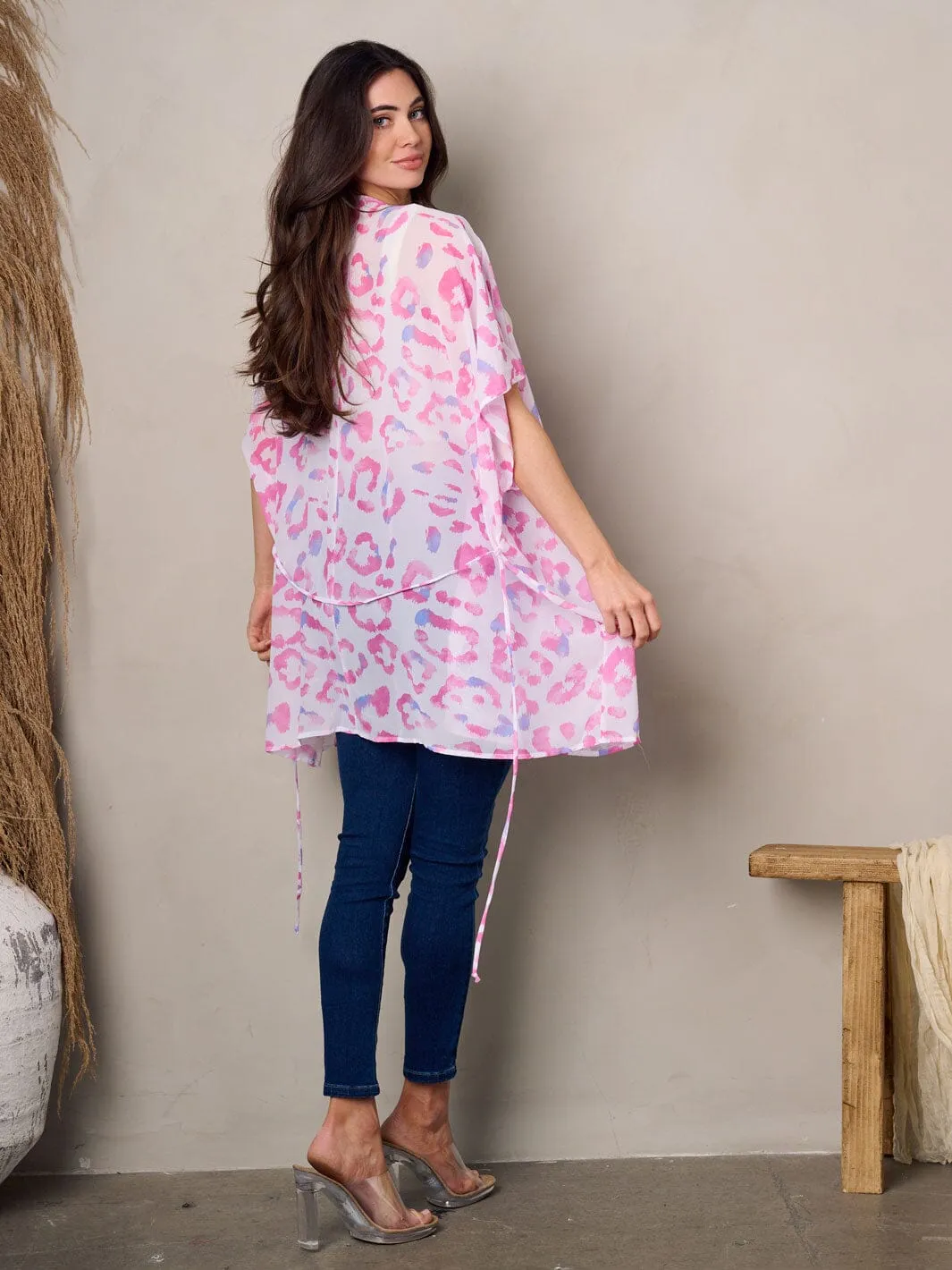 WOMEN'S SHORT SLEEVE OPEN FRONT SELF TIE KIMONO