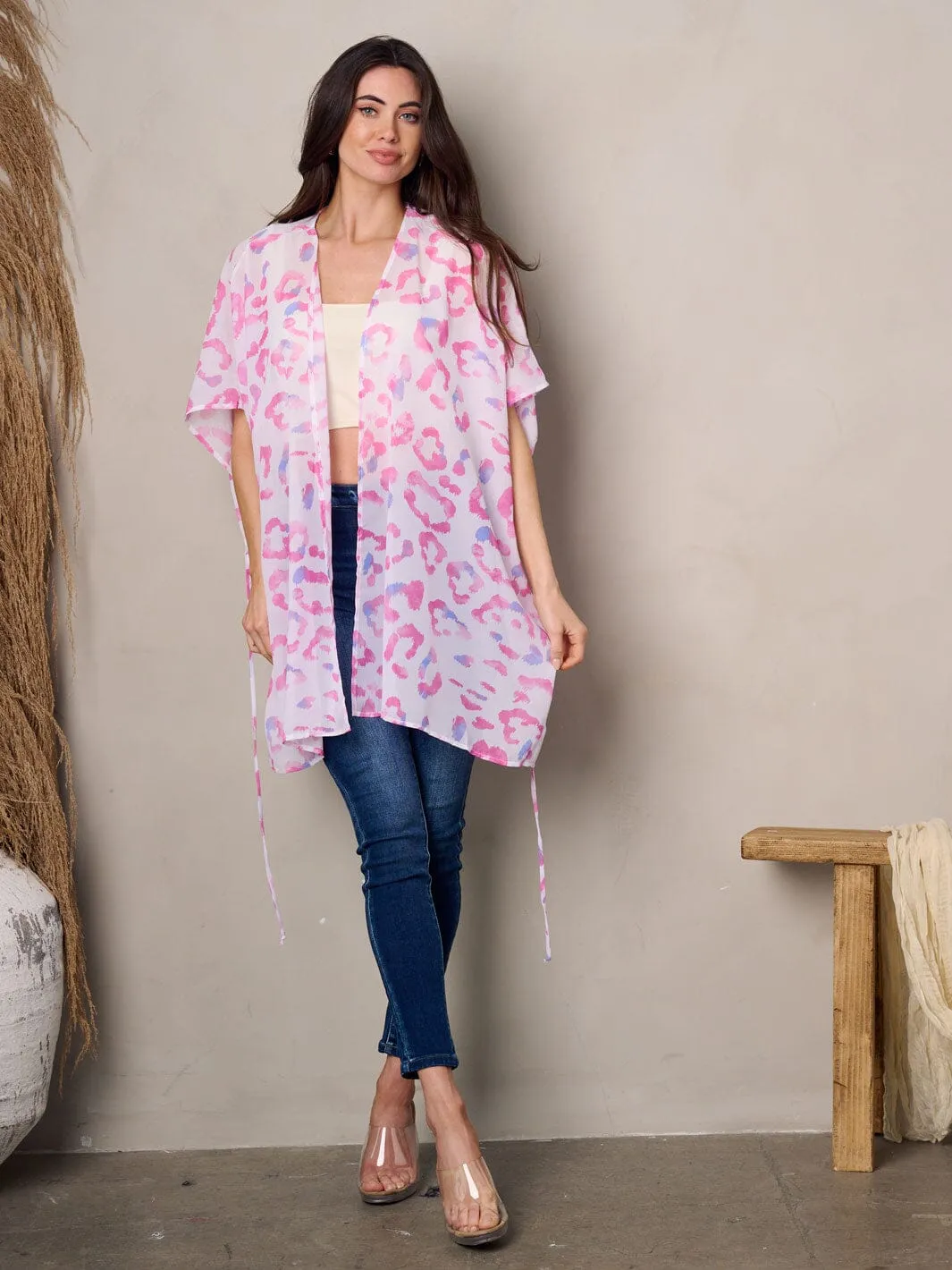 WOMEN'S SHORT SLEEVE OPEN FRONT SELF TIE KIMONO