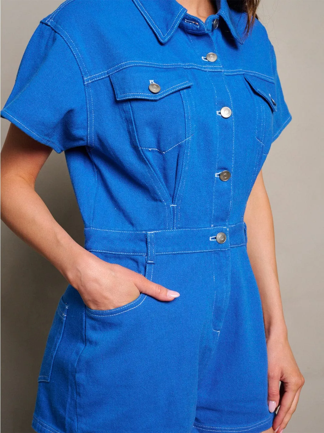 WOMEN'S SHORT SLEEVE POCKETS BUTTON UP DENIM ROMPER