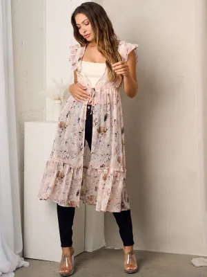 WOMEN'S SHORT SLEEVE SELF TIE FLORAL RUFFLE KIMONO