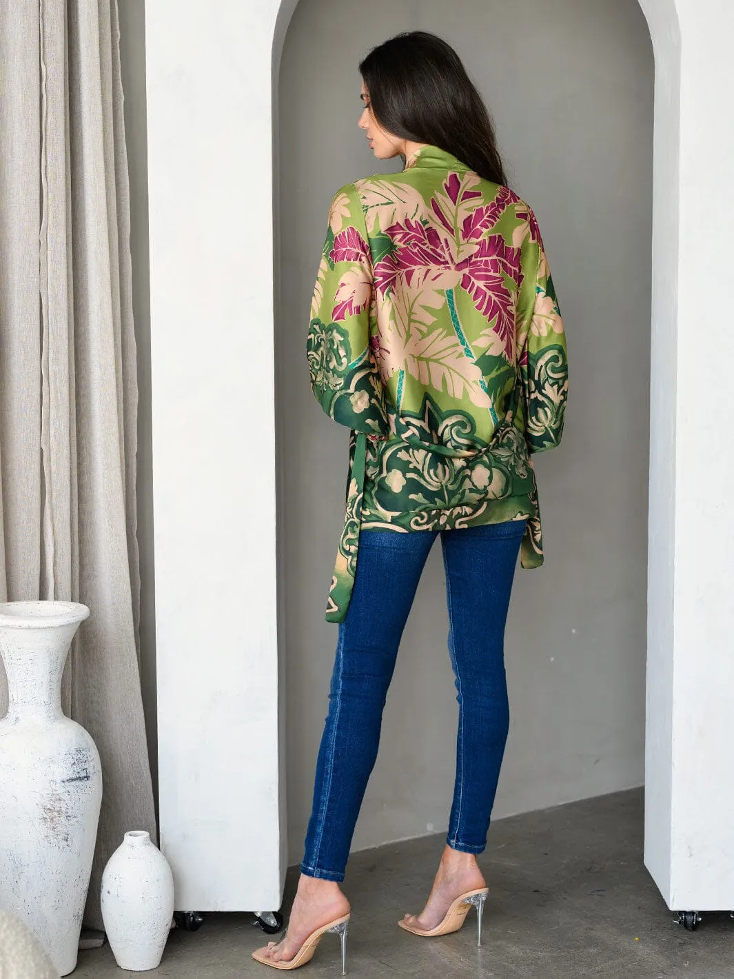 WOMEN'S SHORT SLEEVE SELF TIE MULTI PRINT CARDIGAN