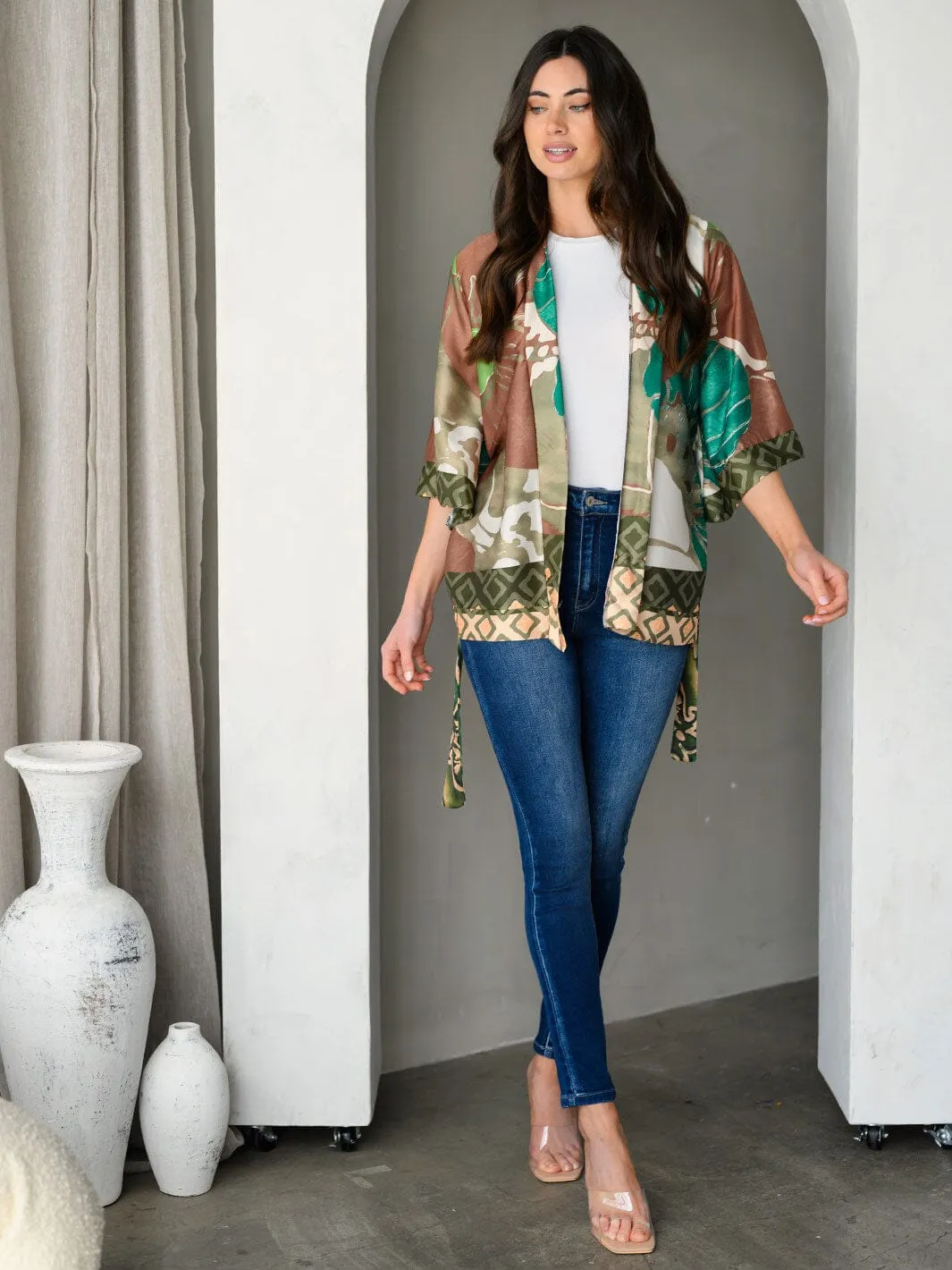 WOMEN'S SHORT SLEEVE SELF TIE MULTI PRINT CARDIGAN