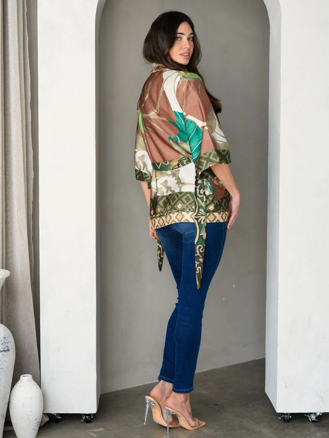 WOMEN'S SHORT SLEEVE SELF TIE MULTI PRINT CARDIGAN
