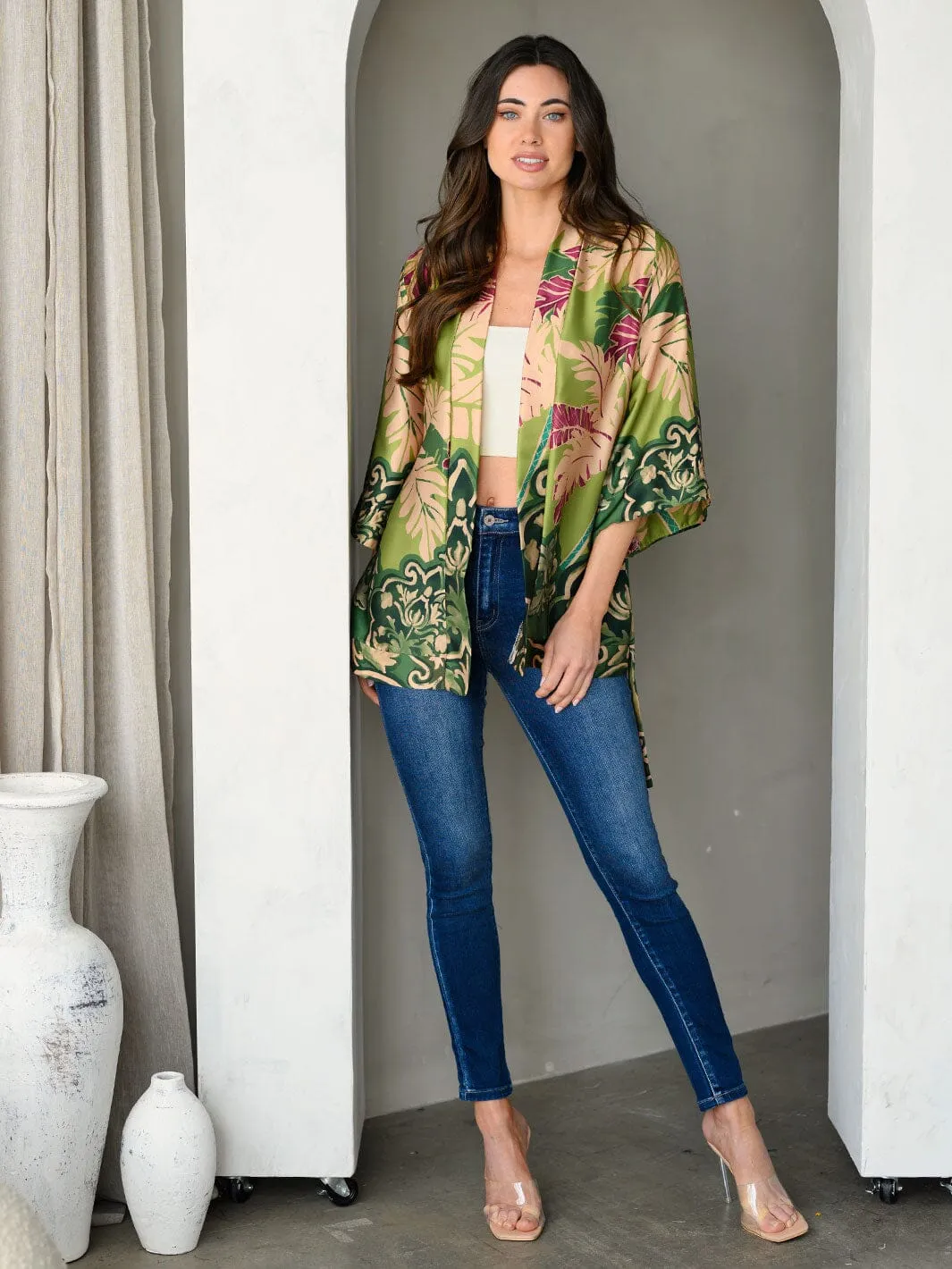 WOMEN'S SHORT SLEEVE SELF TIE MULTI PRINT CARDIGAN