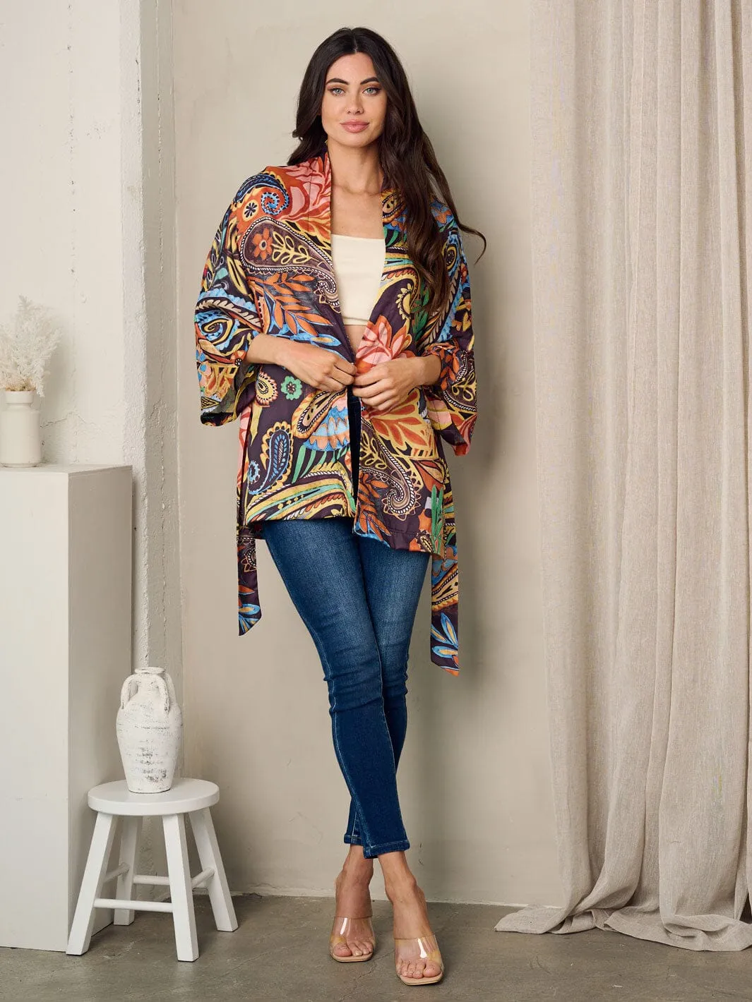 WOMEN'S SHORT SLEEVE SELF TIE MULTI PRINT KIMONO