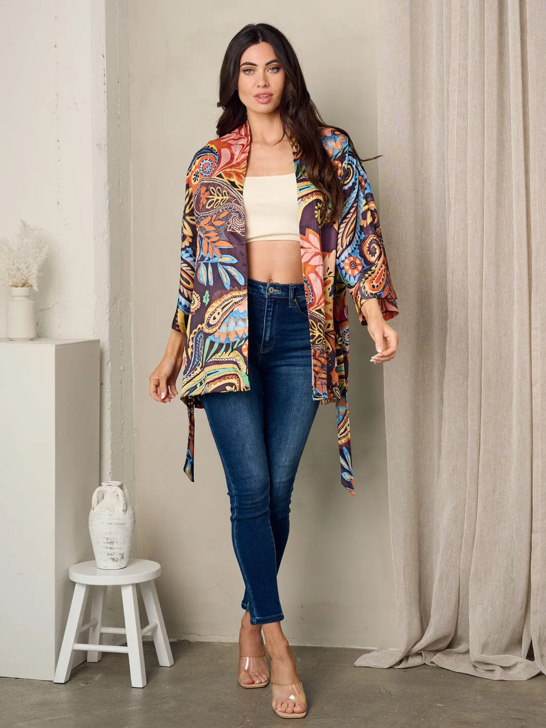 WOMEN'S SHORT SLEEVE SELF TIE MULTI PRINT KIMONO