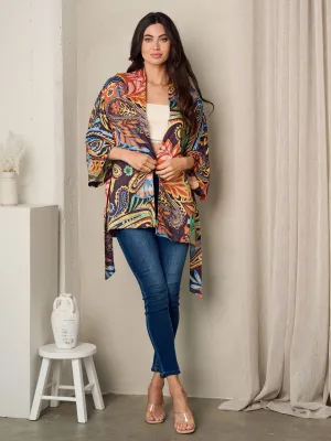 WOMEN'S SHORT SLEEVE SELF TIE MULTI PRINT KIMONO