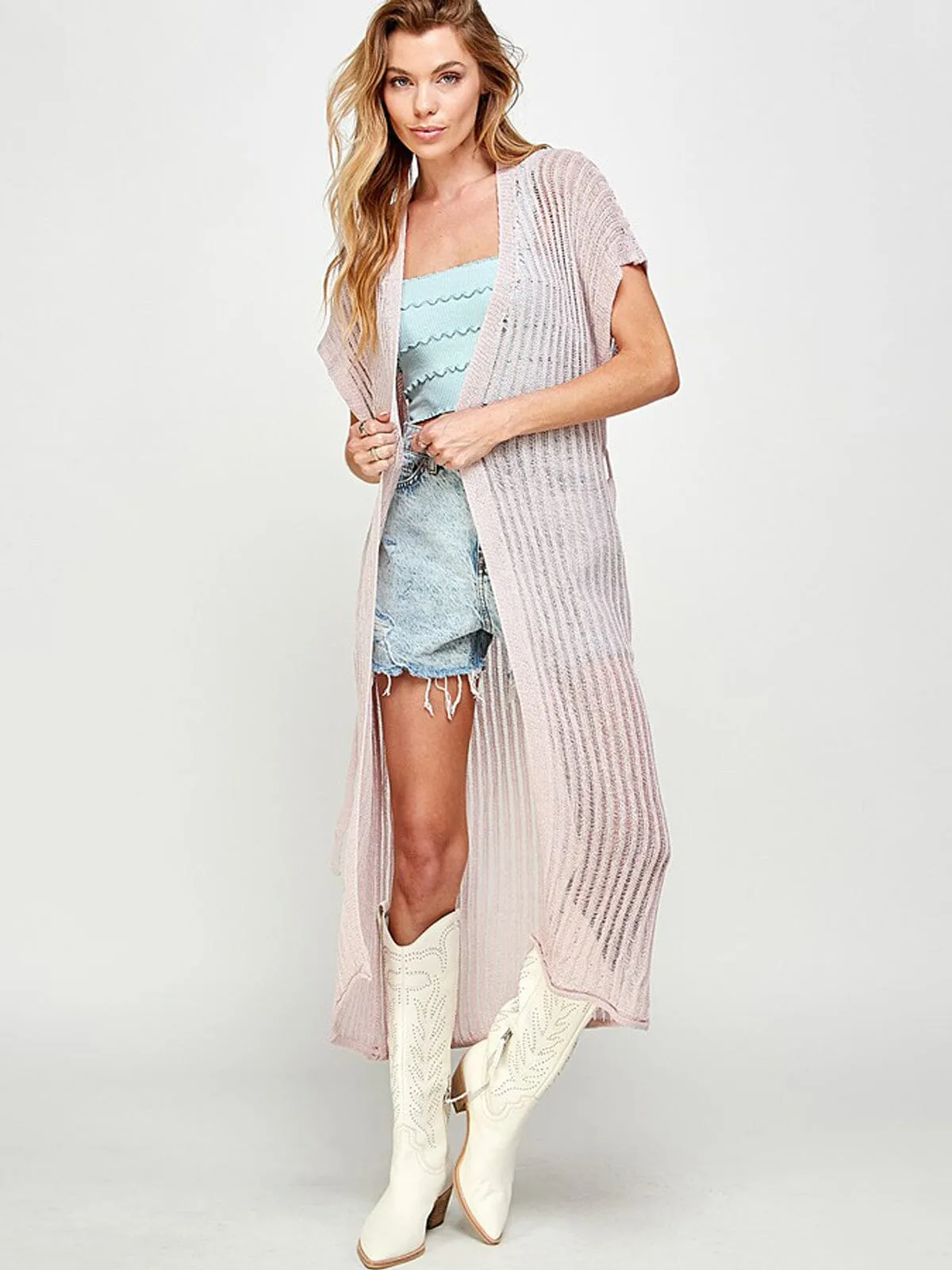 WOMEN'S SHORT SLEEVE SELF TIE OPEN FRONT KNIT CARDIGAN