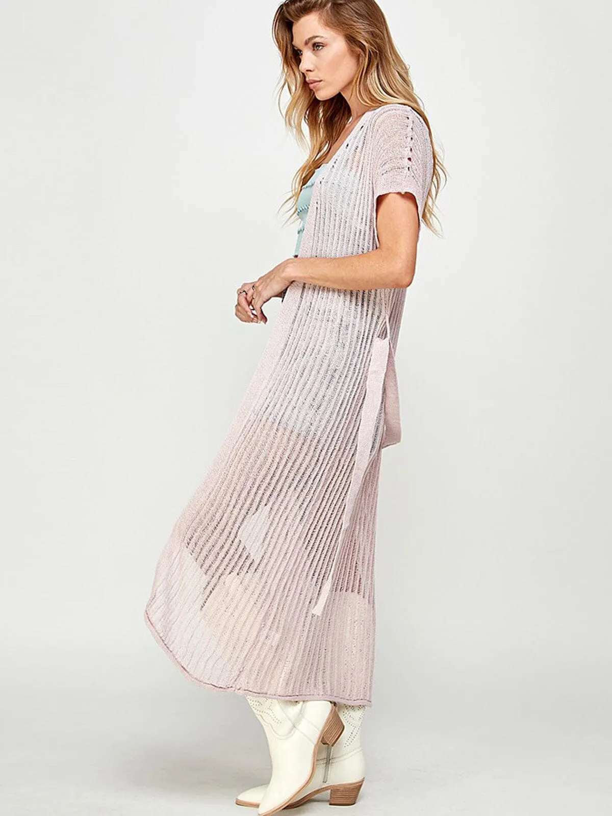 WOMEN'S SHORT SLEEVE SELF TIE OPEN FRONT KNIT CARDIGAN