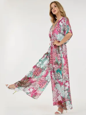 WOMEN'S SHORT SLEEVE V-NECK ELASTIC WAIST WIDE LEG PRINTED JUMPSUIT