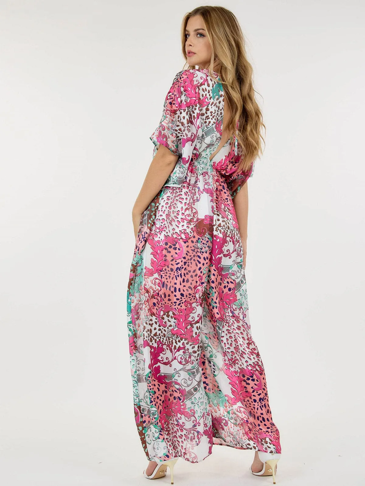 WOMEN'S SHORT SLEEVE V-NECK ELASTIC WAIST WIDE LEG PRINTED JUMPSUIT
