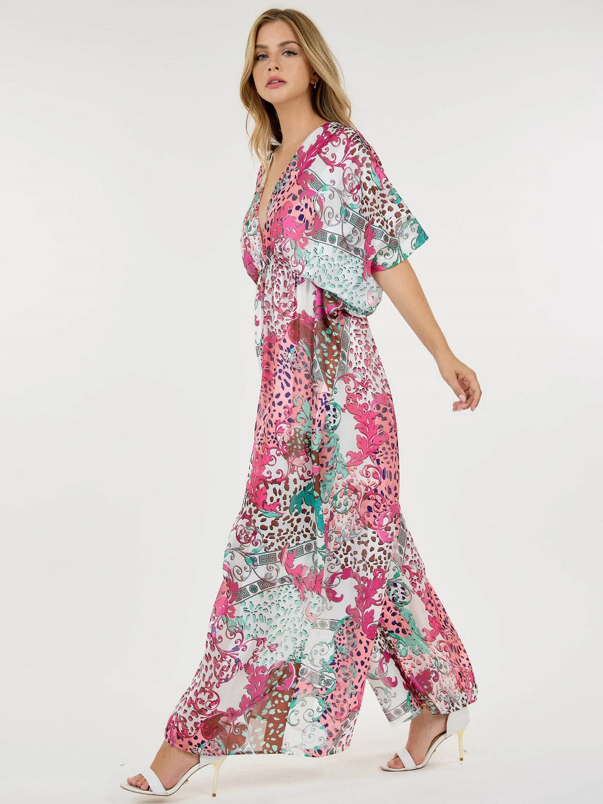 WOMEN'S SHORT SLEEVE V-NECK ELASTIC WAIST WIDE LEG PRINTED JUMPSUIT